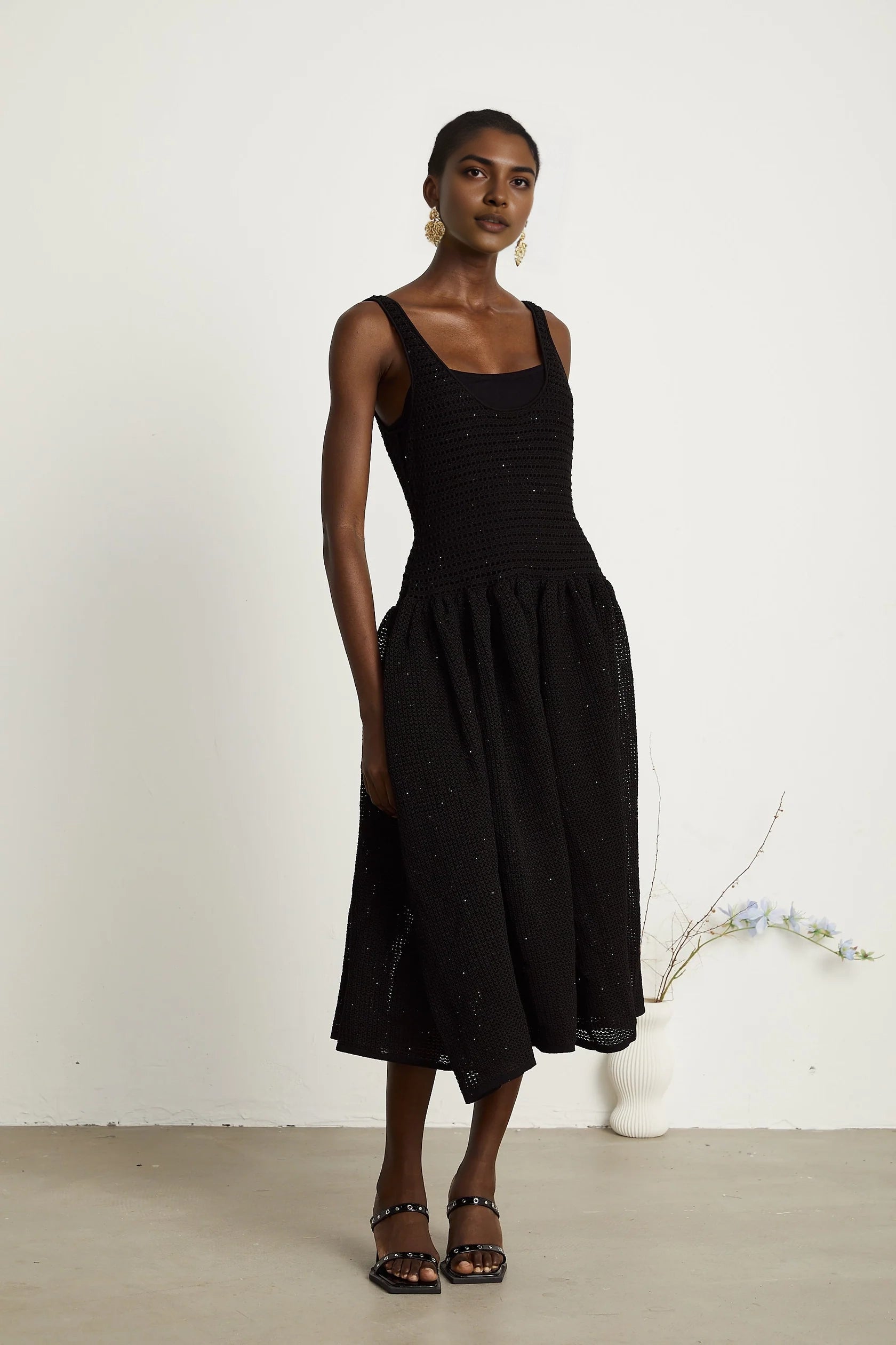 Black Crochet Sleeveless Midi Dress with Scoop Neck Clotilde black crochet-knit midi dress Evening Dress