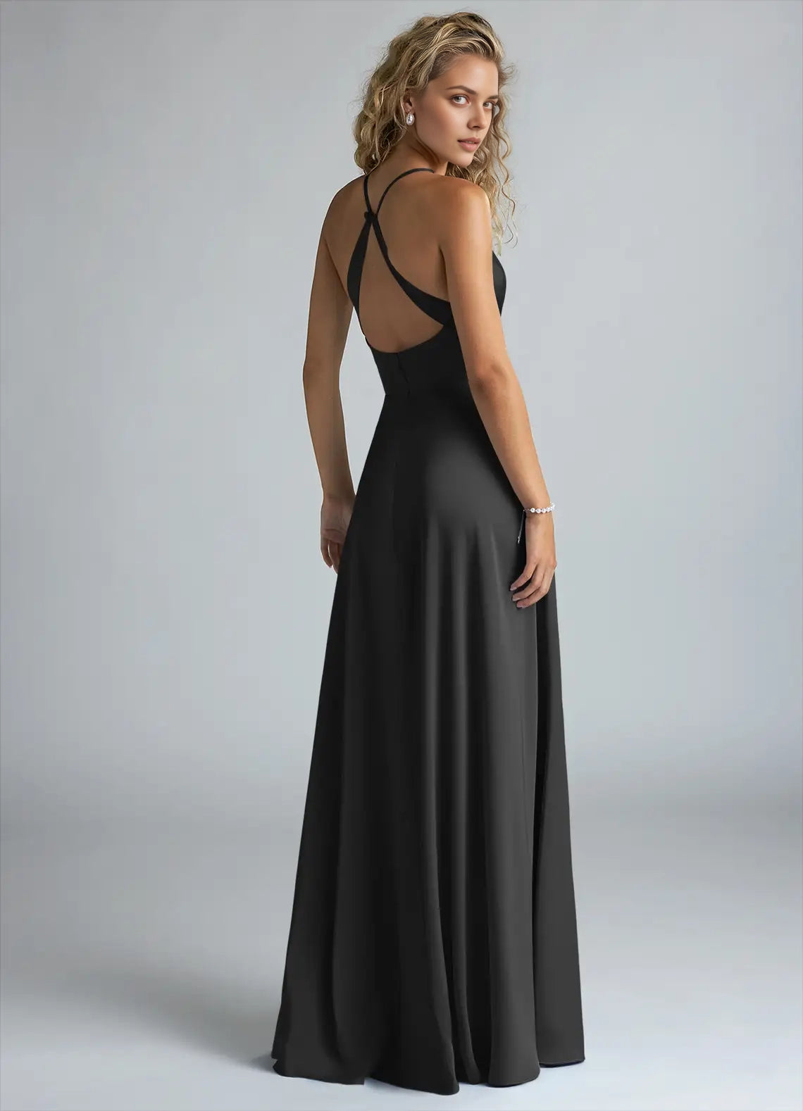 Black Cross-Back Spaghetti Strap Maxi Dress with Side Slit  A-Line Pleated Stretch Satin Dress Bridesmaid Dresses