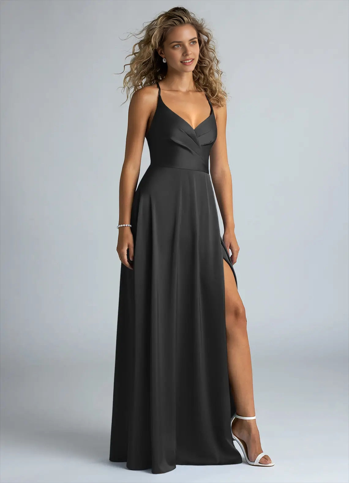 Black Cross-Back Spaghetti Strap Maxi Dress with Side Slit  A-Line Pleated Stretch Satin Dress Bridesmaid Dresses