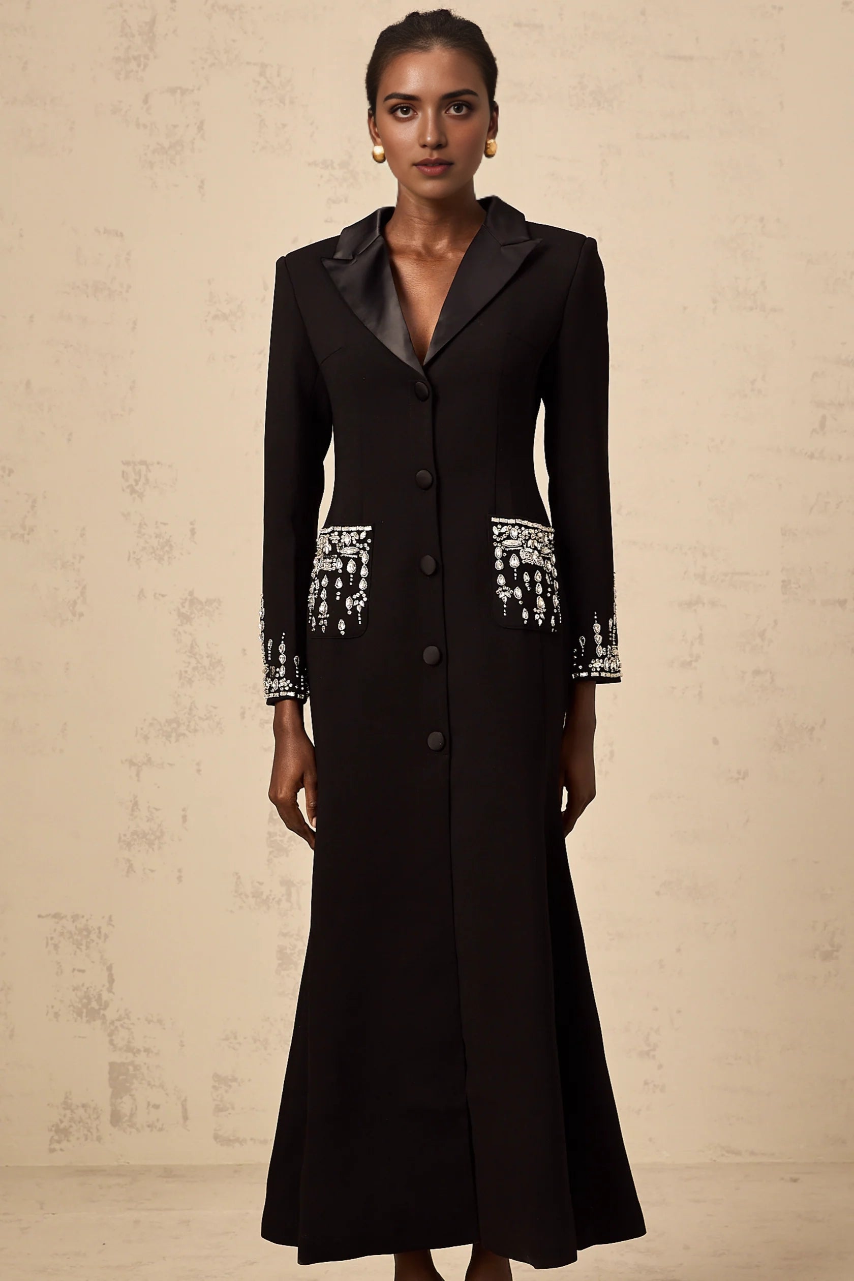 Black Crystal - Embellished Long - Sleeve Maxi Dress Diane black embellished maxi blazer dress Evening Dress