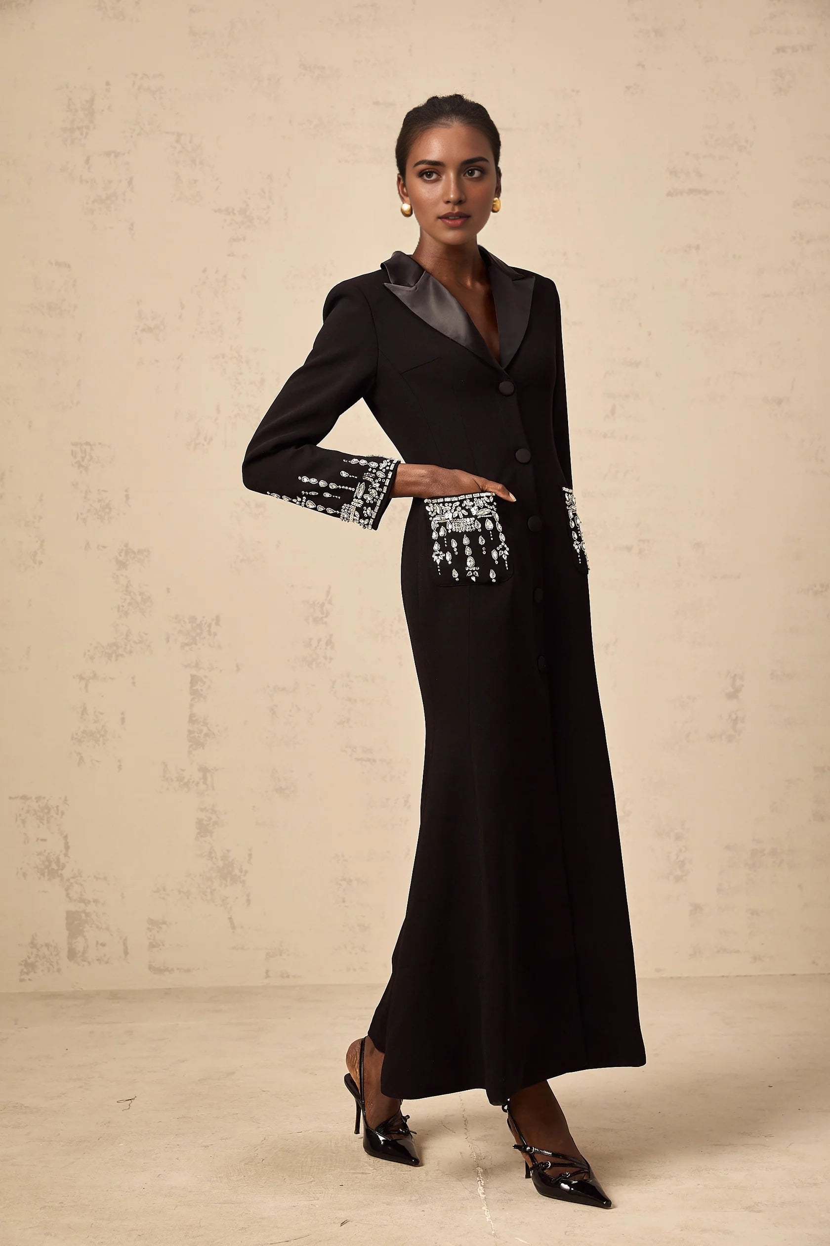 Black Crystal - Embellished Long - Sleeve Maxi Dress Diane black embellished maxi blazer dress Evening Dress