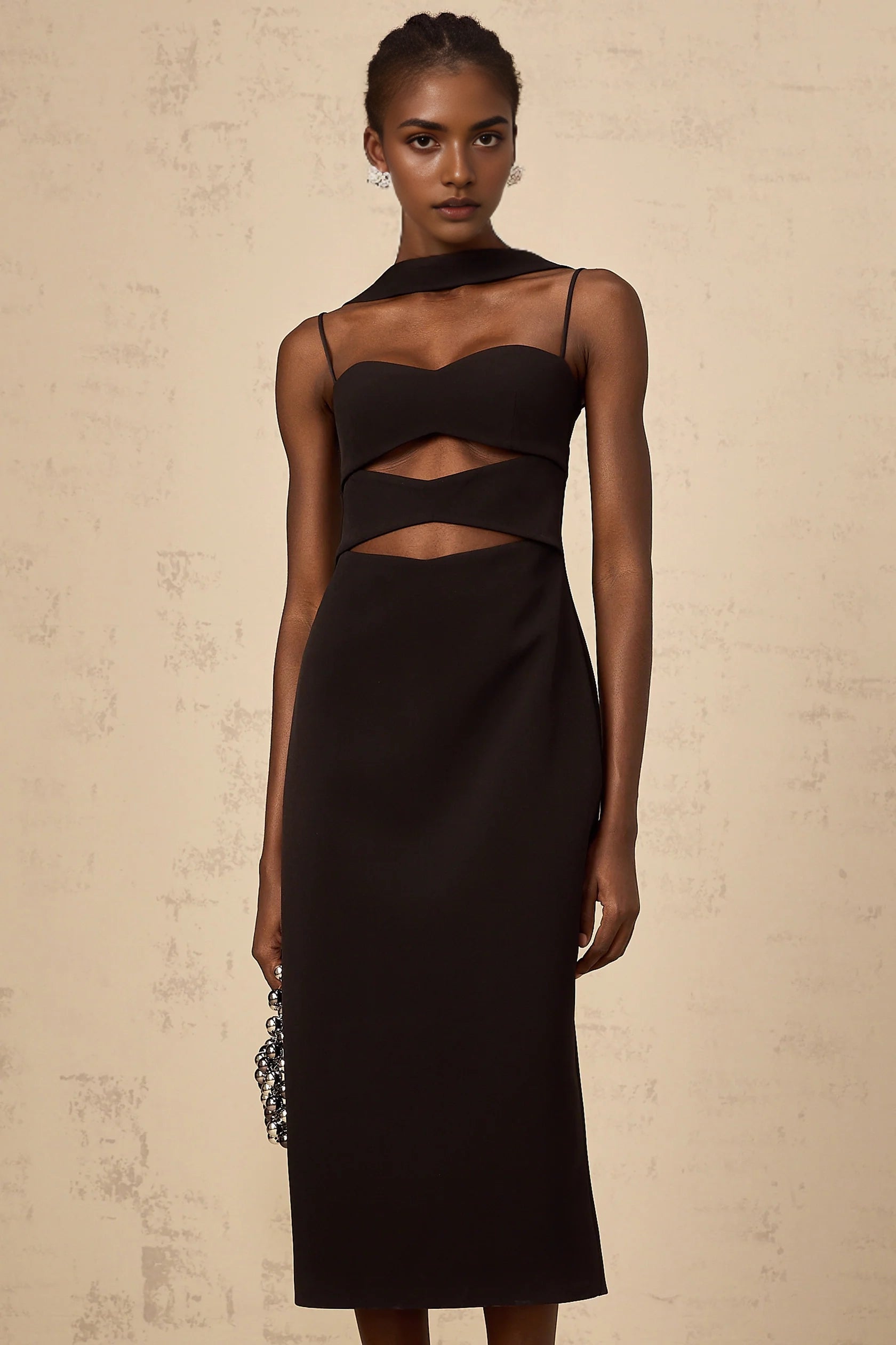 Black Cutout Midi Dress with Asymmetrical Neckline Mylene black cut-out midi dress Evening Dress