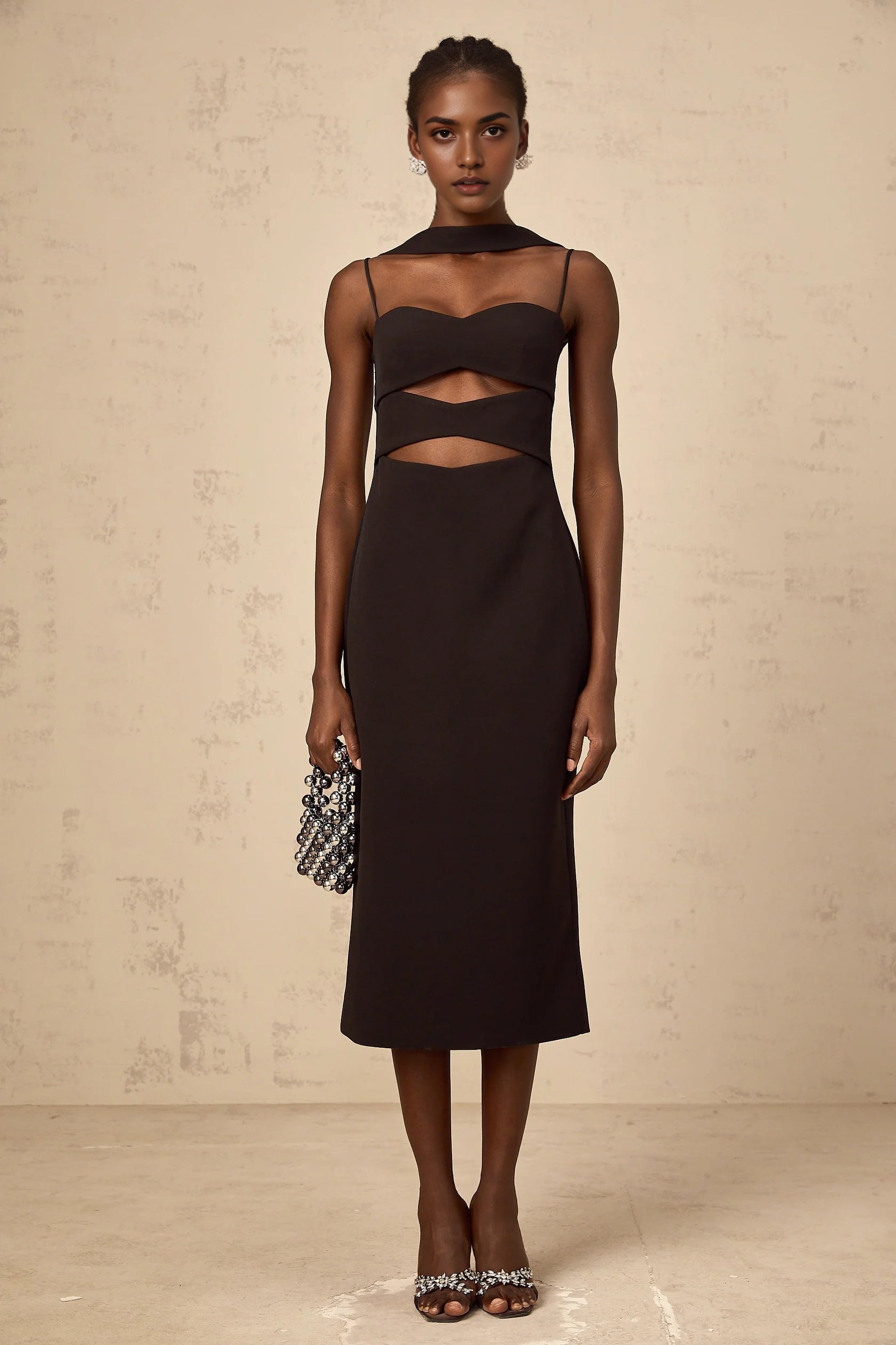 Black Cutout Midi Dress with Asymmetrical Neckline Mylene black cut-out midi dress Evening Dress