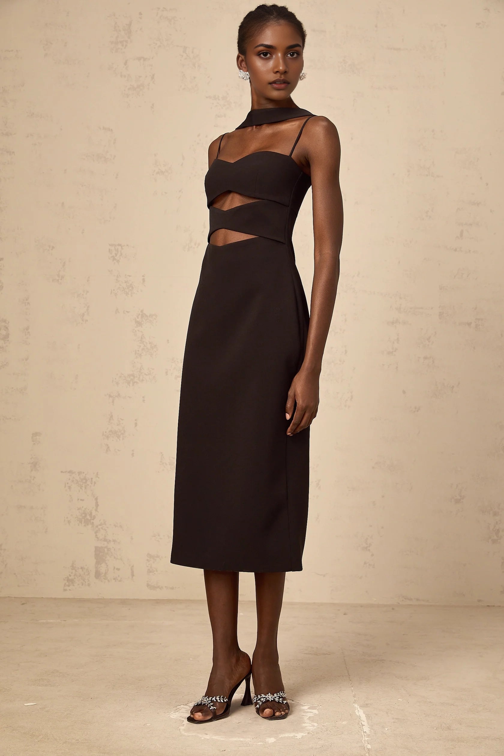 Black Cutout Midi Dress with Asymmetrical Neckline Mylene black cut-out midi dress Evening Dress