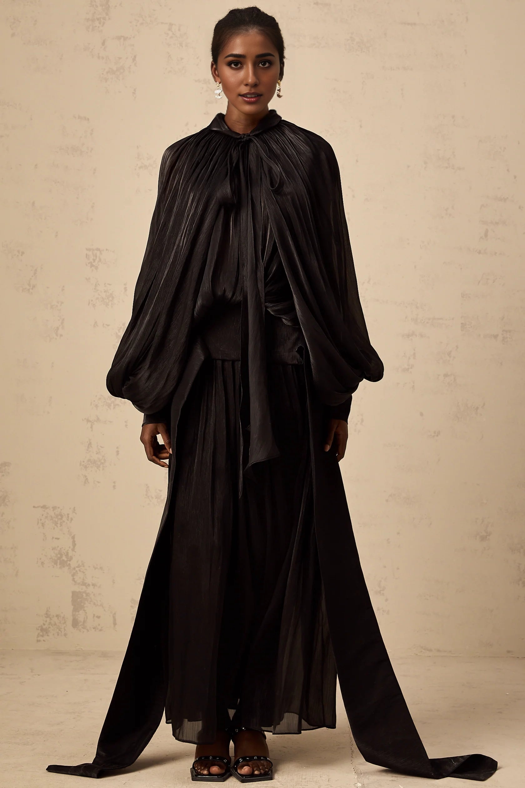 Black Draped Cape - Style Maxi Dress Mila pleated satin maxi dress in Black Evening Dress