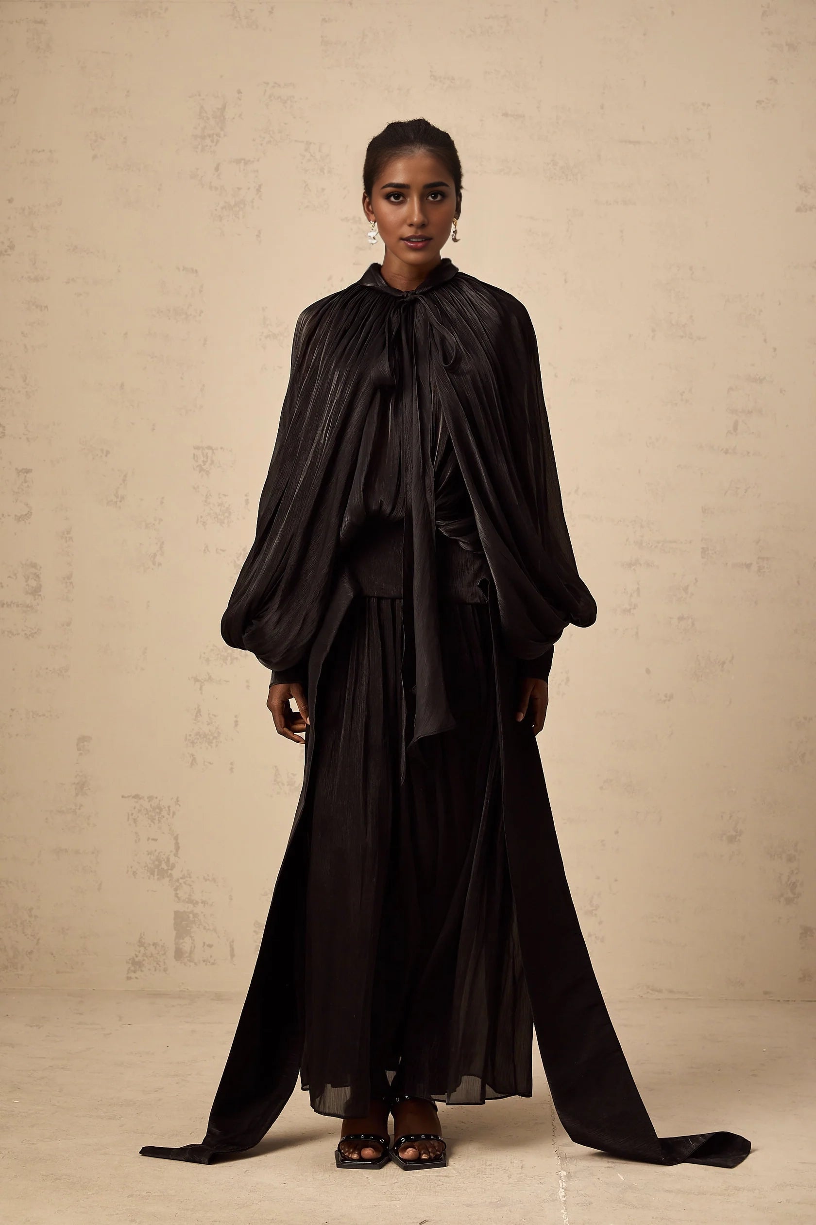 Black Draped Cape - Style Maxi Dress Mila pleated satin maxi dress in Black Evening Dress