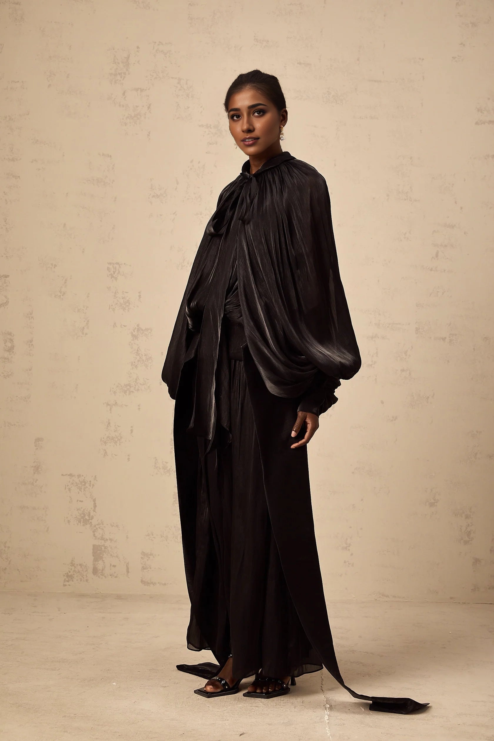 Black Draped Cape - Style Maxi Dress Mila pleated satin maxi dress in Black Evening Dress