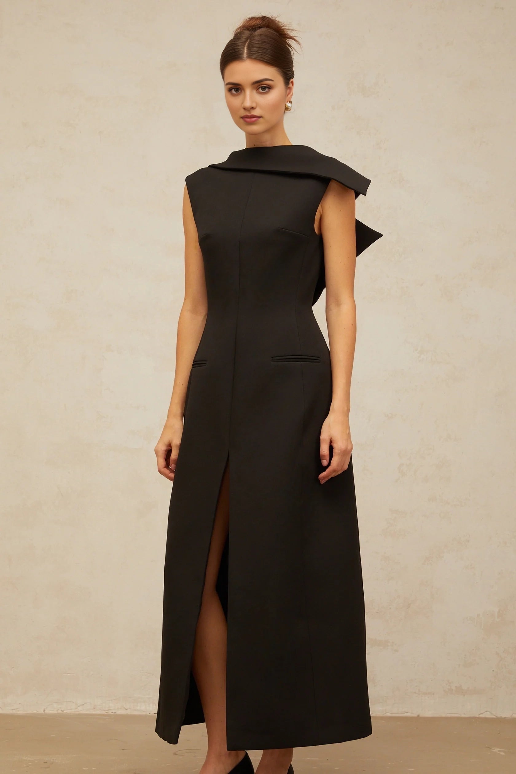 Black Draped Collar Open - Back Midi Dress black deconstructed open-back midi dress Evening Dress