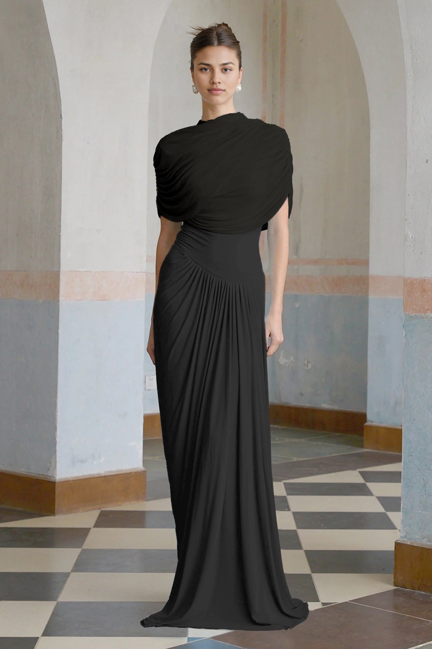 Black Draped Maxi Dress Catherine Black Asymmetrical Pleated Maxi Dress Evening Dress