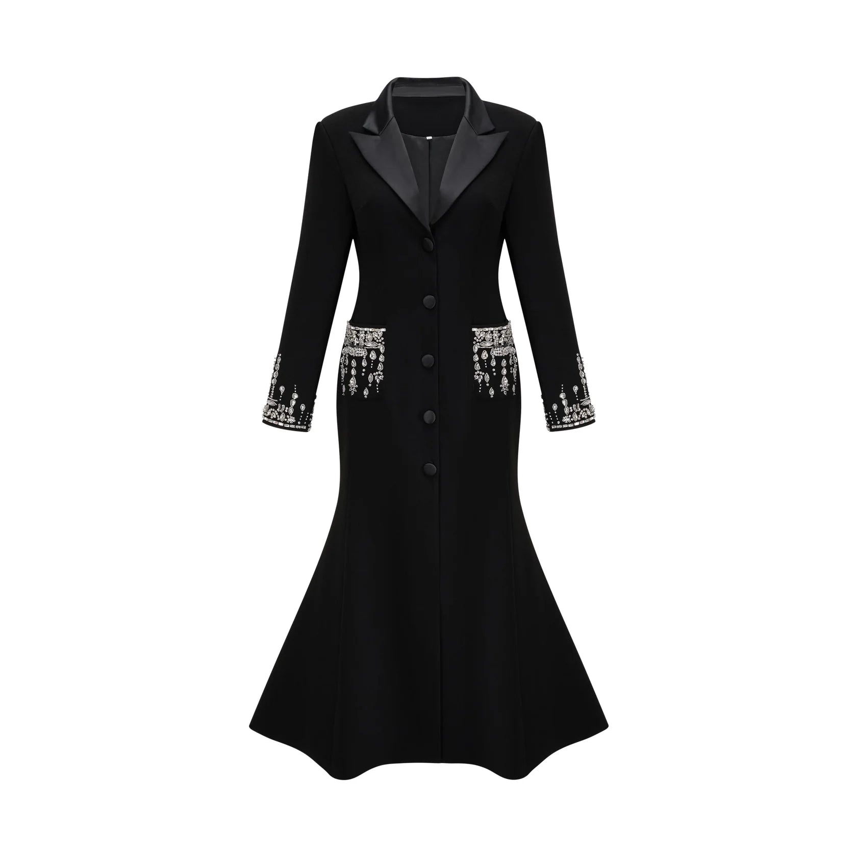Black Embellished Long Sleeve Maxi Dress with Lapel Collar black embellished maxi blazer dress Evening Dress