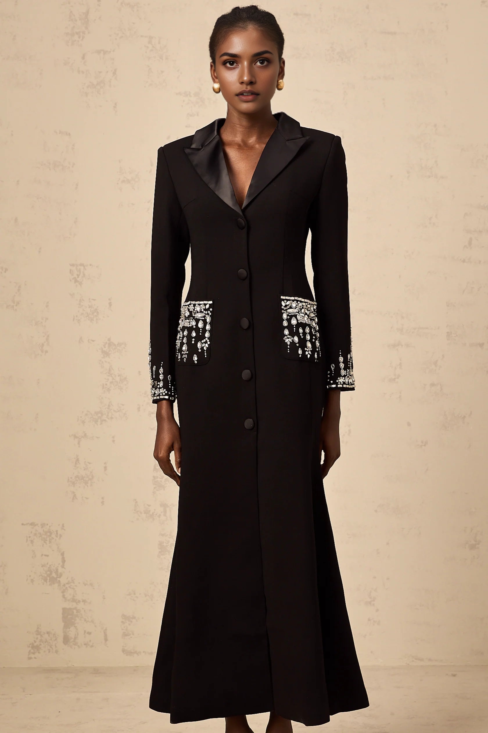 Black Embellished Long Sleeve Maxi Dress with Lapel Collar black embellished maxi blazer dress Evening Dress