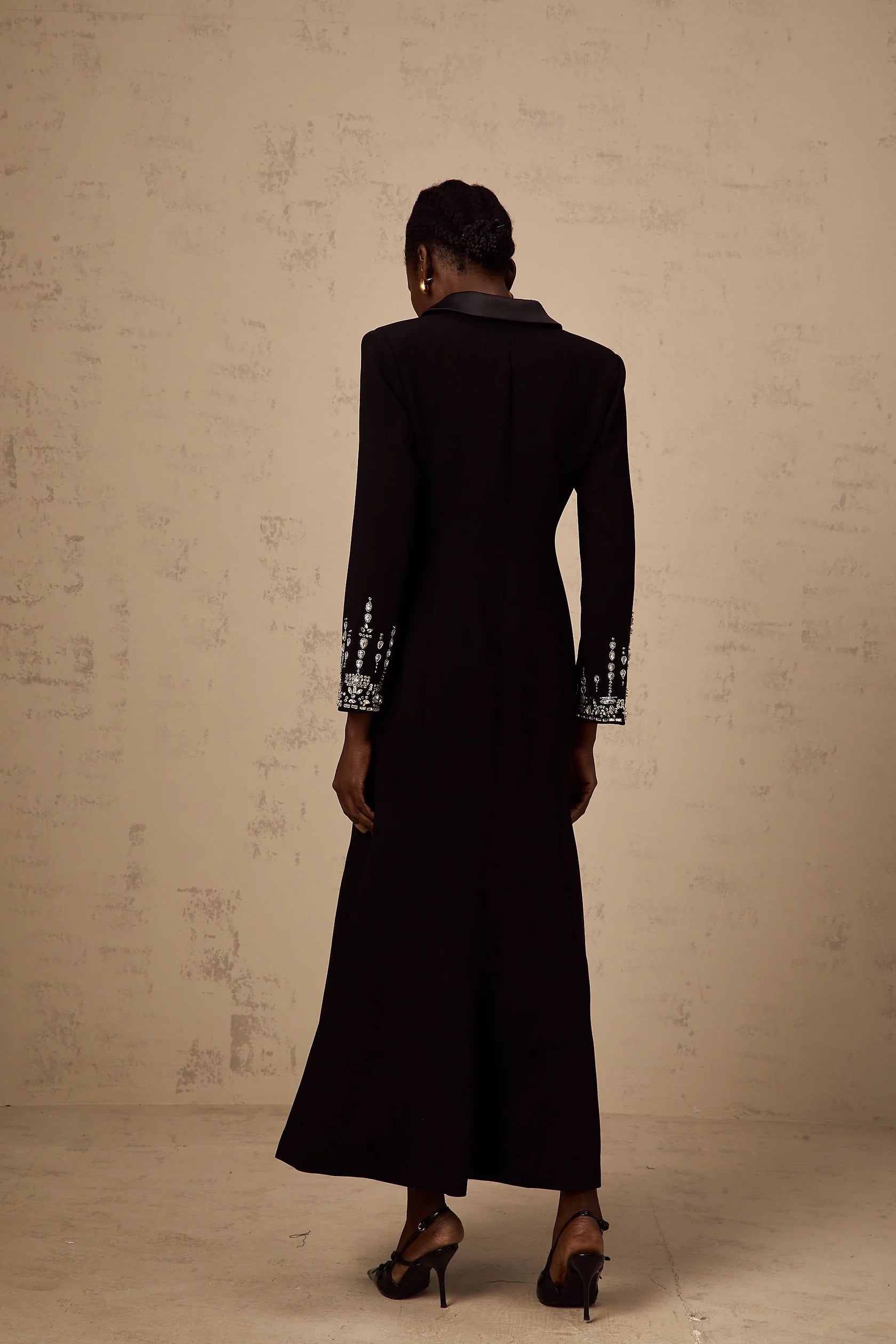 Black Embellished Long Sleeve Maxi Dress with Lapel Collar black embellished maxi blazer dress Evening Dress