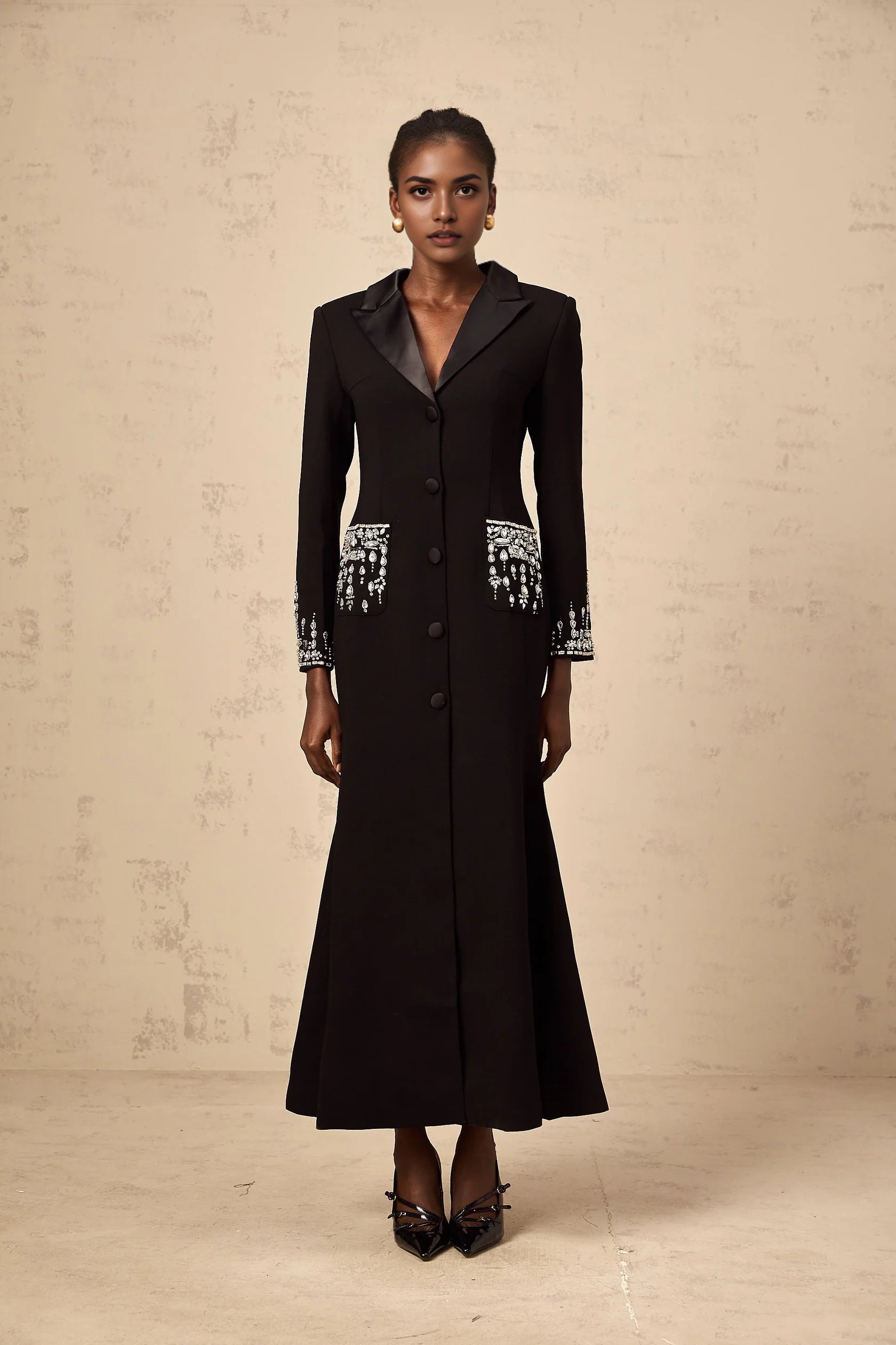 Black Embellished Long Sleeve Maxi Dress with Lapel Collar black embellished maxi blazer dress Evening Dress