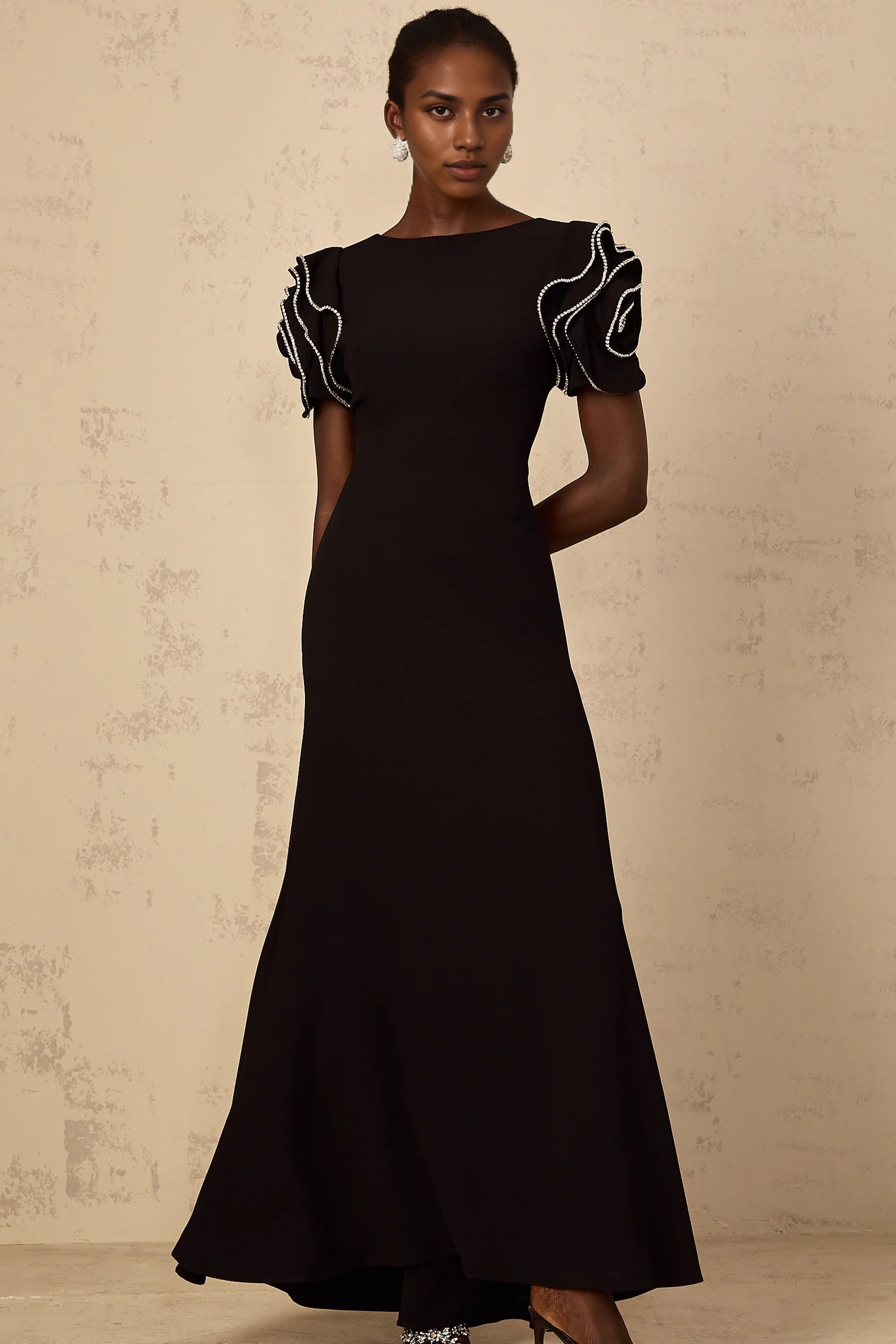Black Embellished Puff Sleeve Open Back Maxi Dress Black Ruffled Embellished Maxi Dress Evening Dress