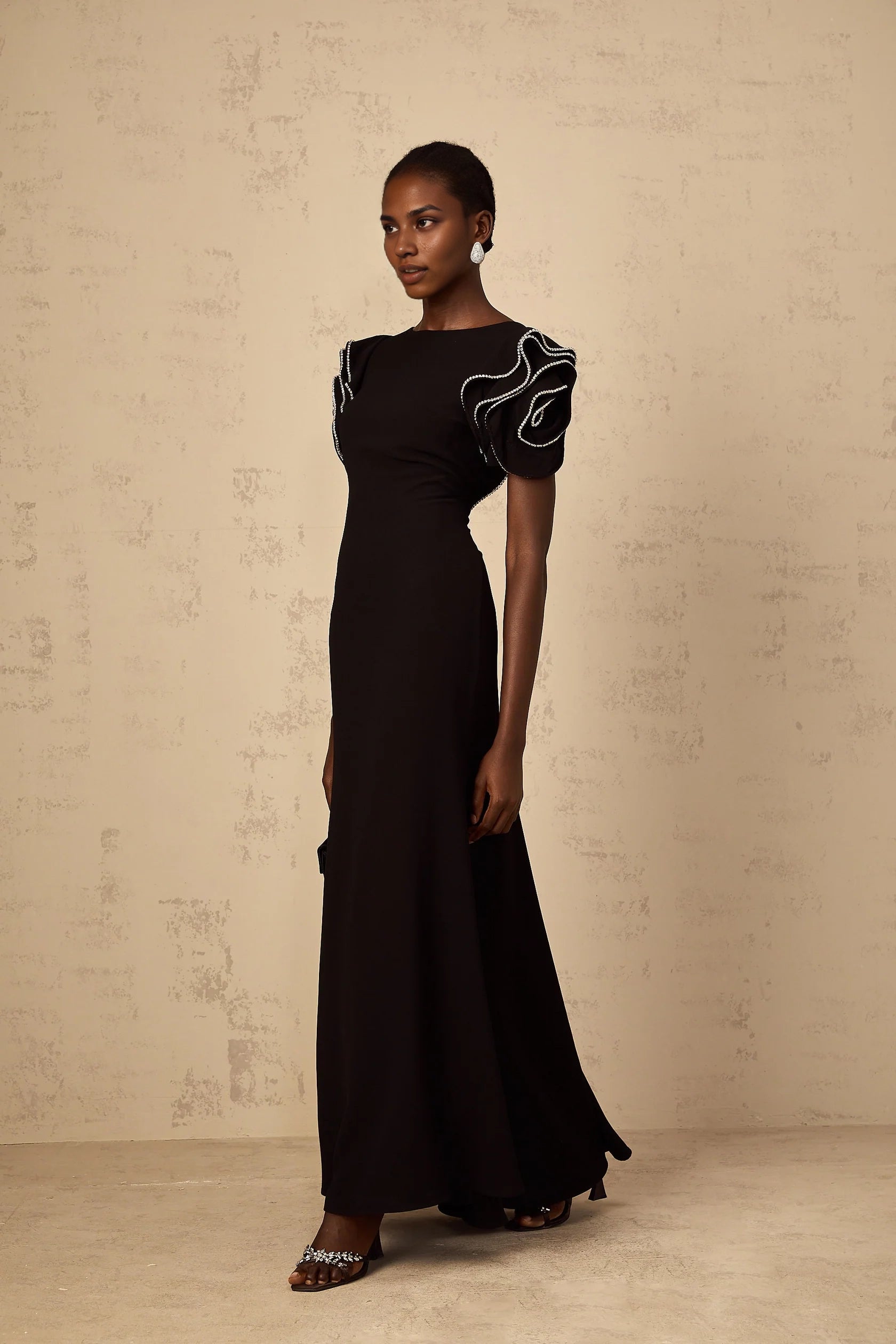 Black Embellished Puff Sleeve Open Back Maxi Dress Black Ruffled Embellished Maxi Dress Evening Dress