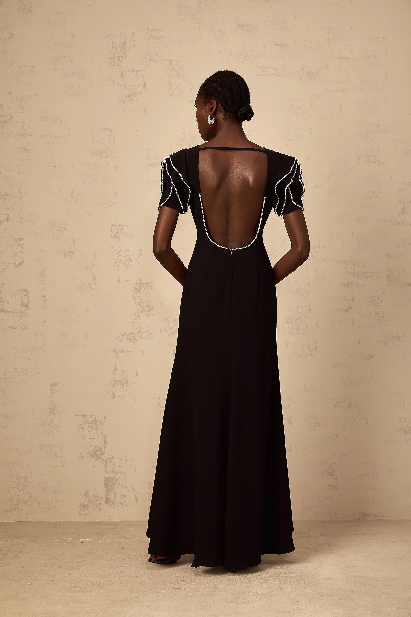 Black Embellished Puff Sleeve Open Back Maxi Dress Black Ruffled Embellished Maxi Dress Evening Dress