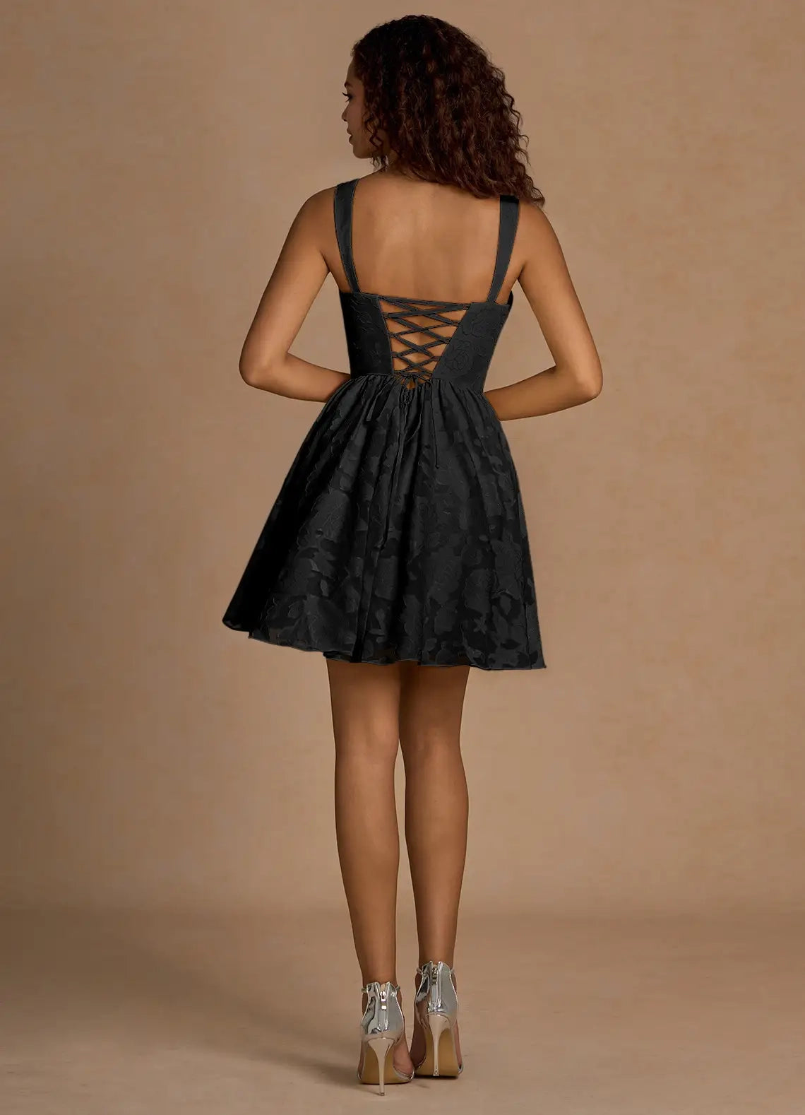 Black Floral Jacquard Mini Dress with Lace - Up Back and Cowl Neck Ivy Black Mini Dress Homecoming Dresses