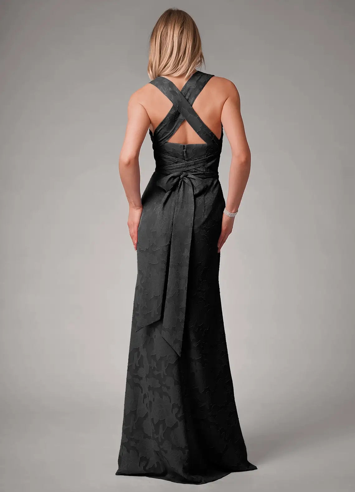 Black Floral Jacquard Square Neck Maxi Dress with Side Slit and Crisscross Mermaid Pleated Burnout Convertible Bridesmaid Dresses