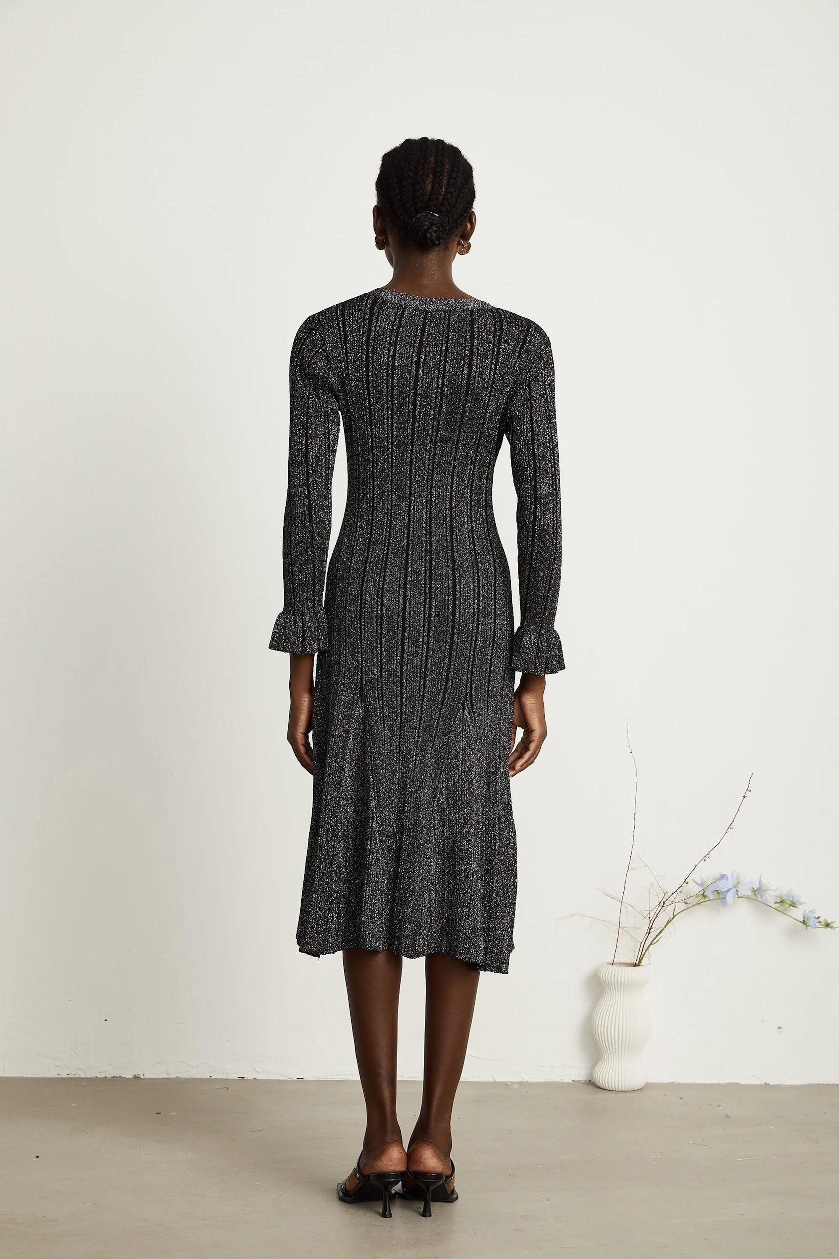 Black Glitter Knit Button - Front Midi Dress black flounced metallic midi dress Evening Dress