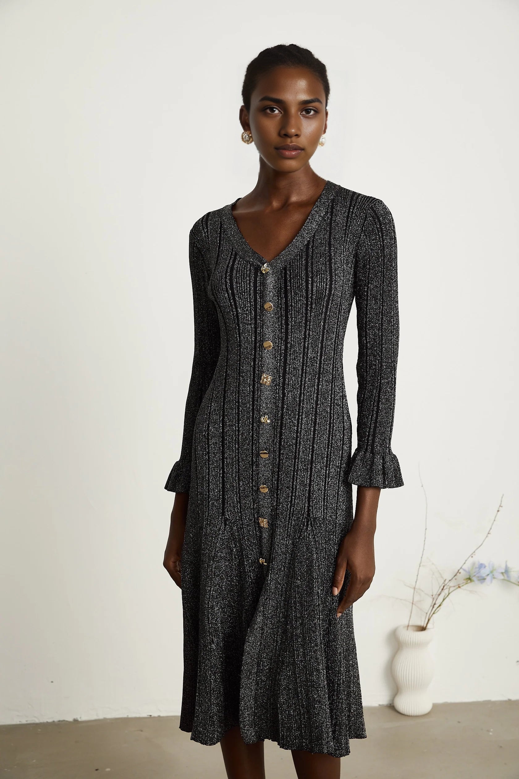 Black Glitter Knit Button - Front Midi Dress black flounced metallic midi dress Evening Dress