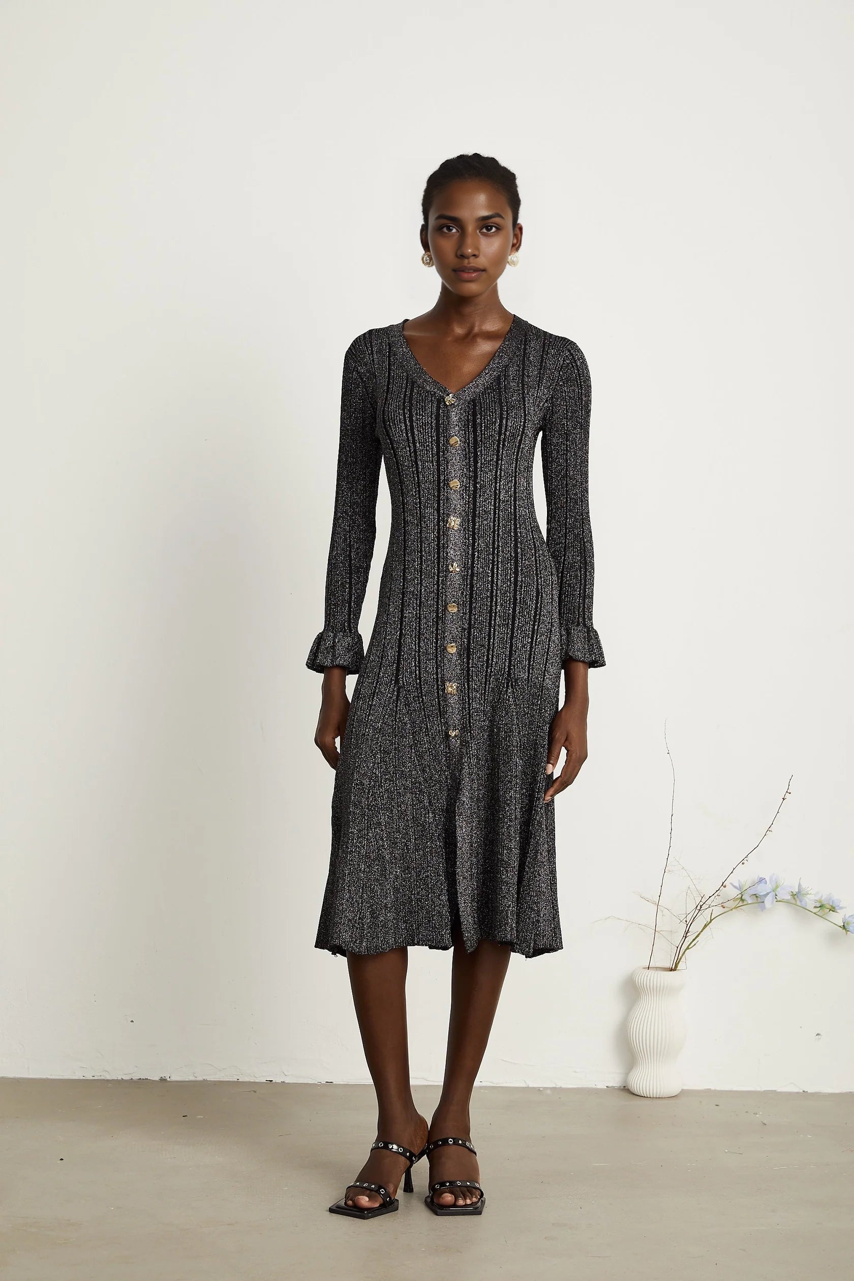 Black Glitter Knit Button - Front Midi Dress black flounced metallic midi dress Evening Dress