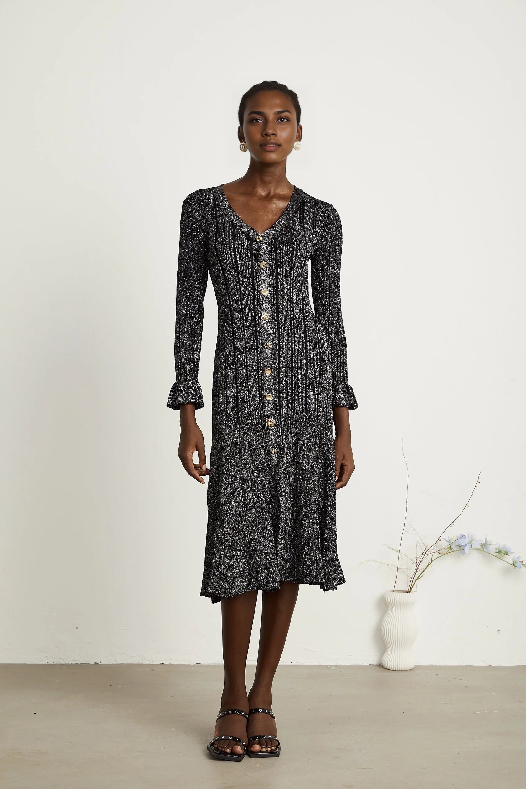 Black Glitter Knit Button - Front Midi Dress black flounced metallic midi dress Evening Dress