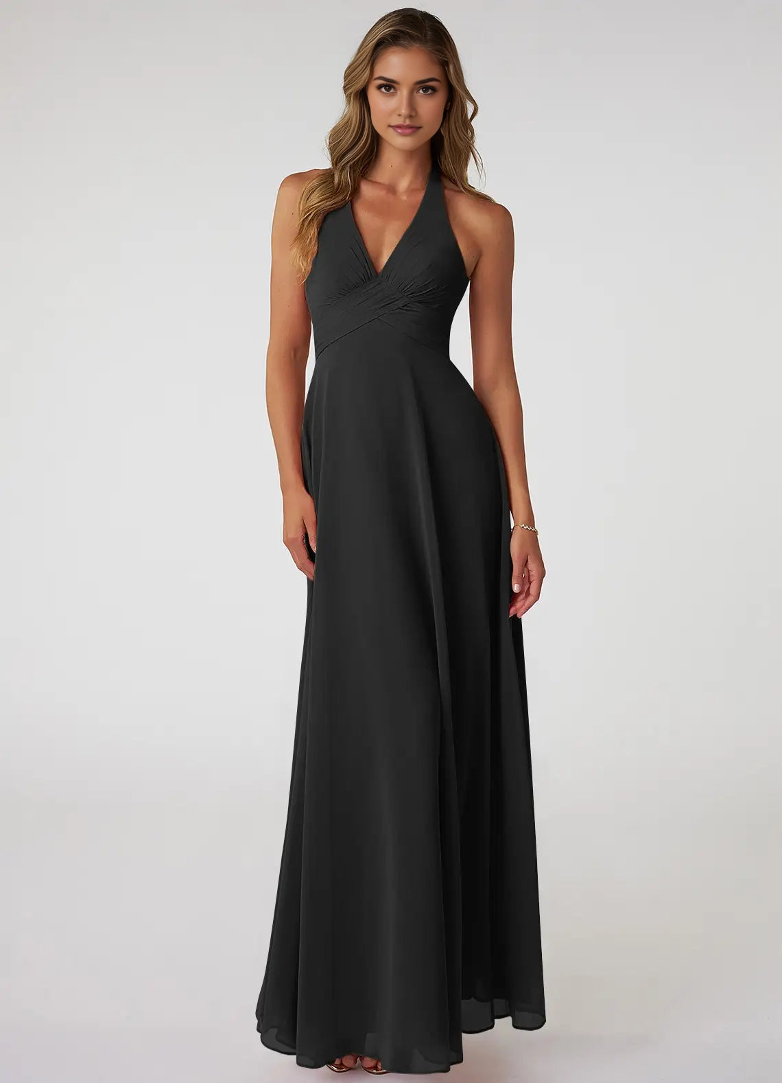 Black Halter Neck Chiffon Maxi Dress with Open Back Black A-Line V-Neck Pleated Chiffon Dress Bridesmaid Dresses