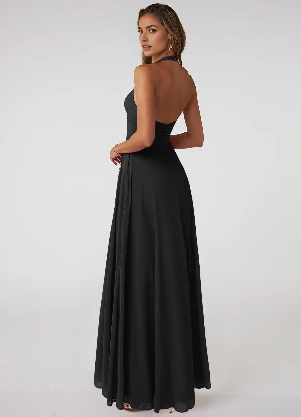 Black Halter Neck Chiffon Maxi Dress with Open Back Black A-Line V-Neck Pleated Chiffon Dress Bridesmaid Dresses
