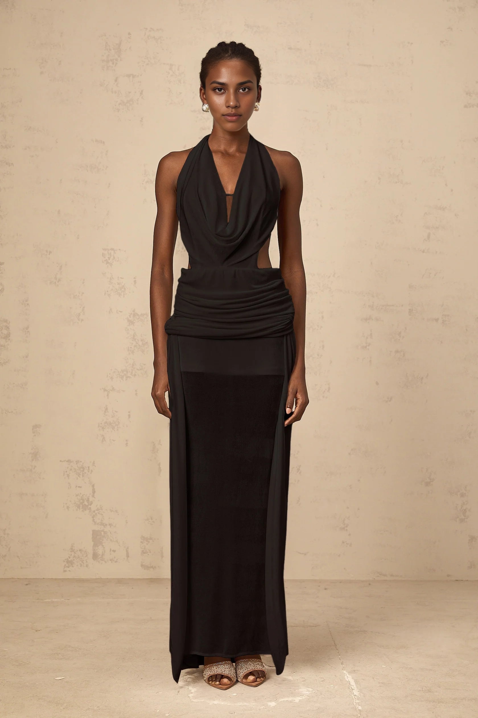 Black Halter Neck Cutout Maxi Dress with Draped Detail halterneck backless maxi dress in Black Evening Dress