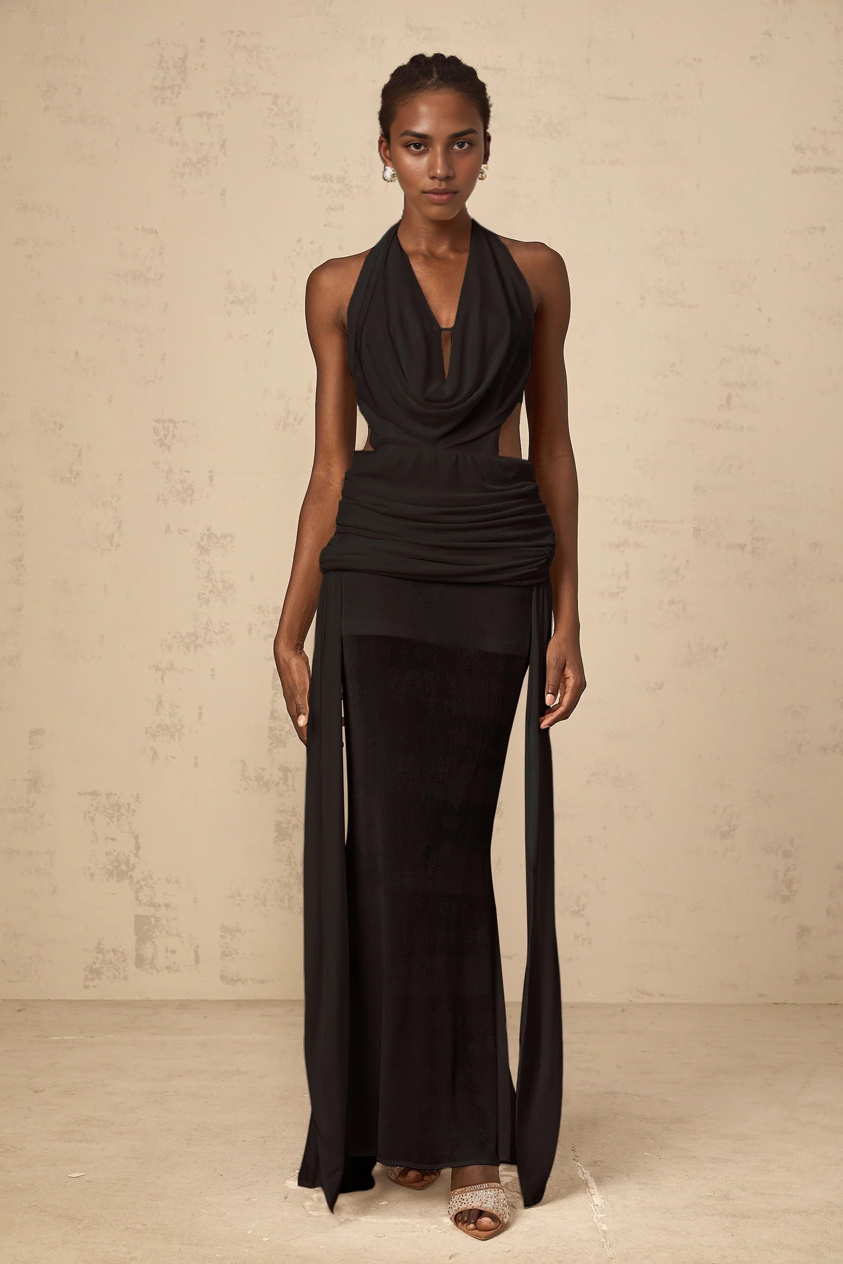 Black Halter Neck Cutout Maxi Dress with Draped Detail halterneck backless maxi dress in Black Evening Dress