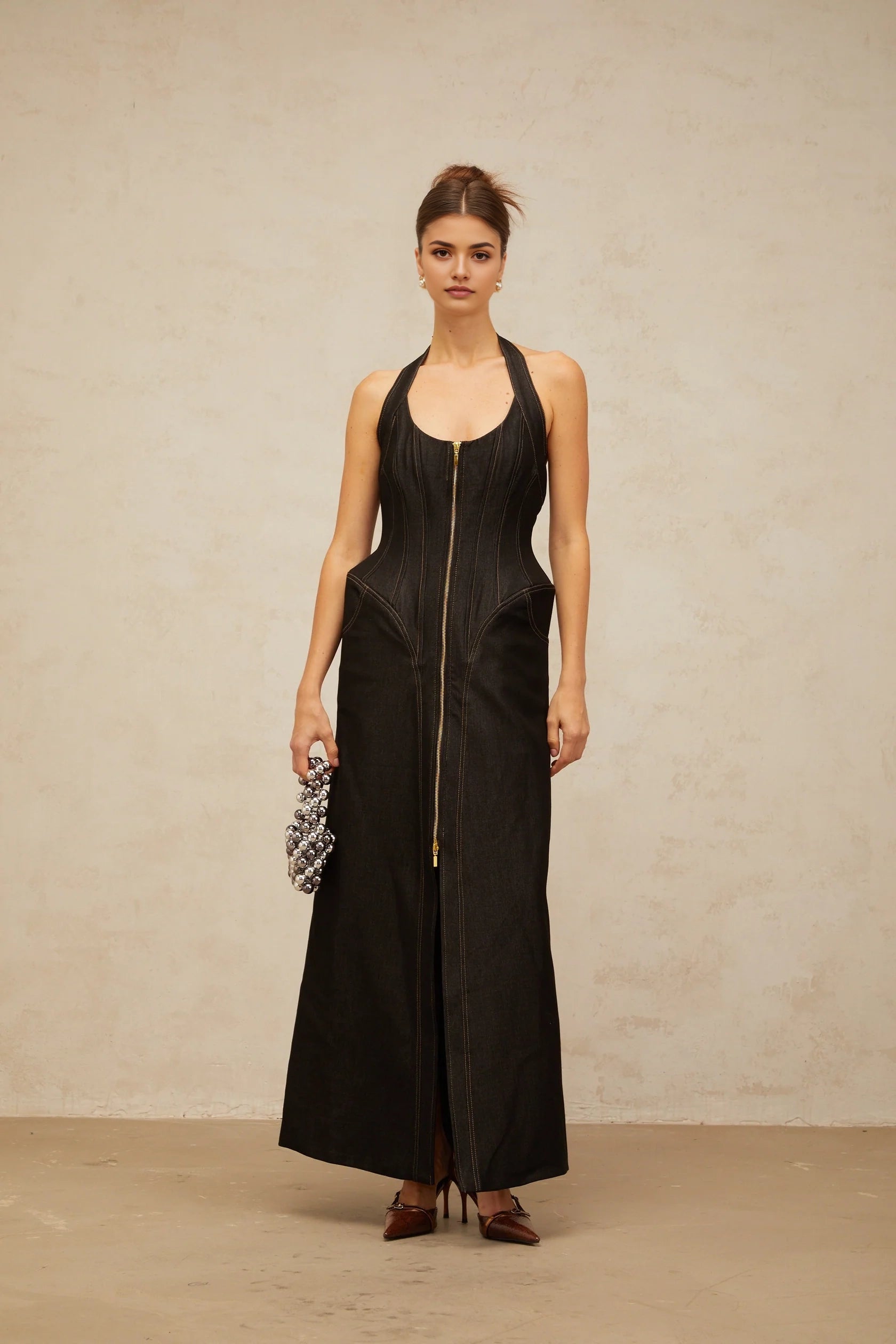 Black Neck Denim Maxi Dress with Front Zipper black denim front-slit contrast-stitching maxi dress Evening Dress
