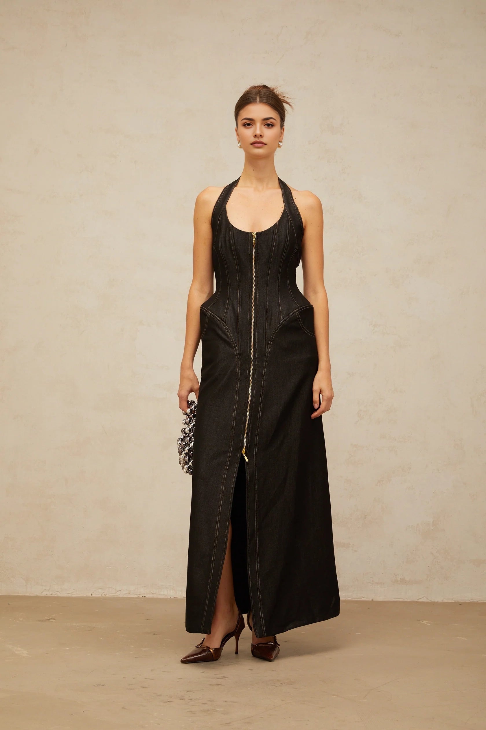 Black Neck Denim Maxi Dress with Front Zipper black denim front-slit contrast-stitching maxi dress Evening Dress