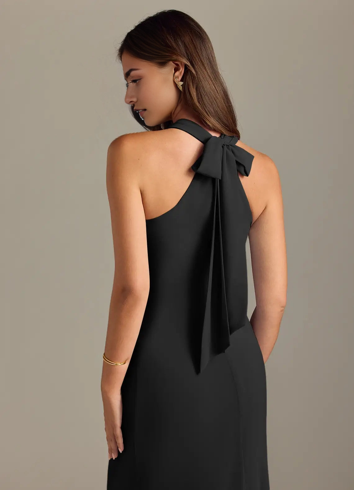 Black Halter Neck Maxi Dress with Back Bow Detail Black Mermaid Pleated Chiffon Dress Bridesmaid Dresses