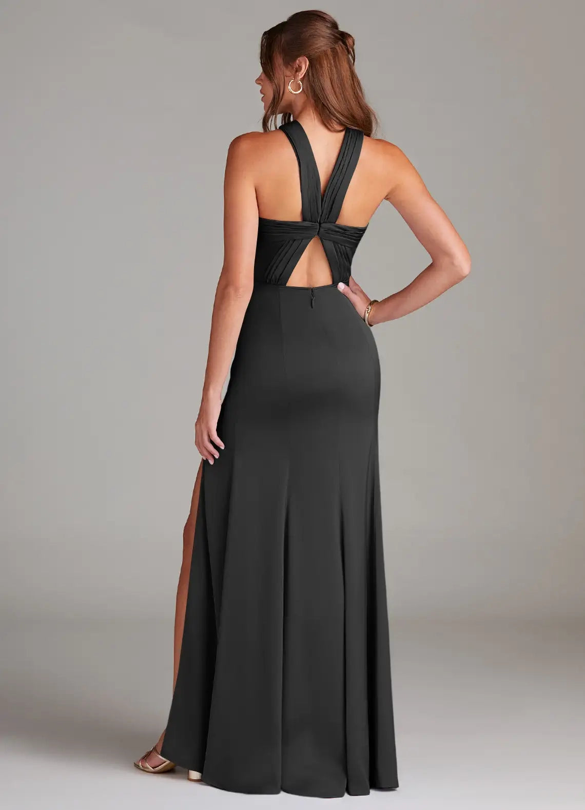 Black Halter Neck Maxi Dress with Back Cutout and Side Slit Black A-Line Pleated Stretch Satin Dress Bridesmaid Dresses
