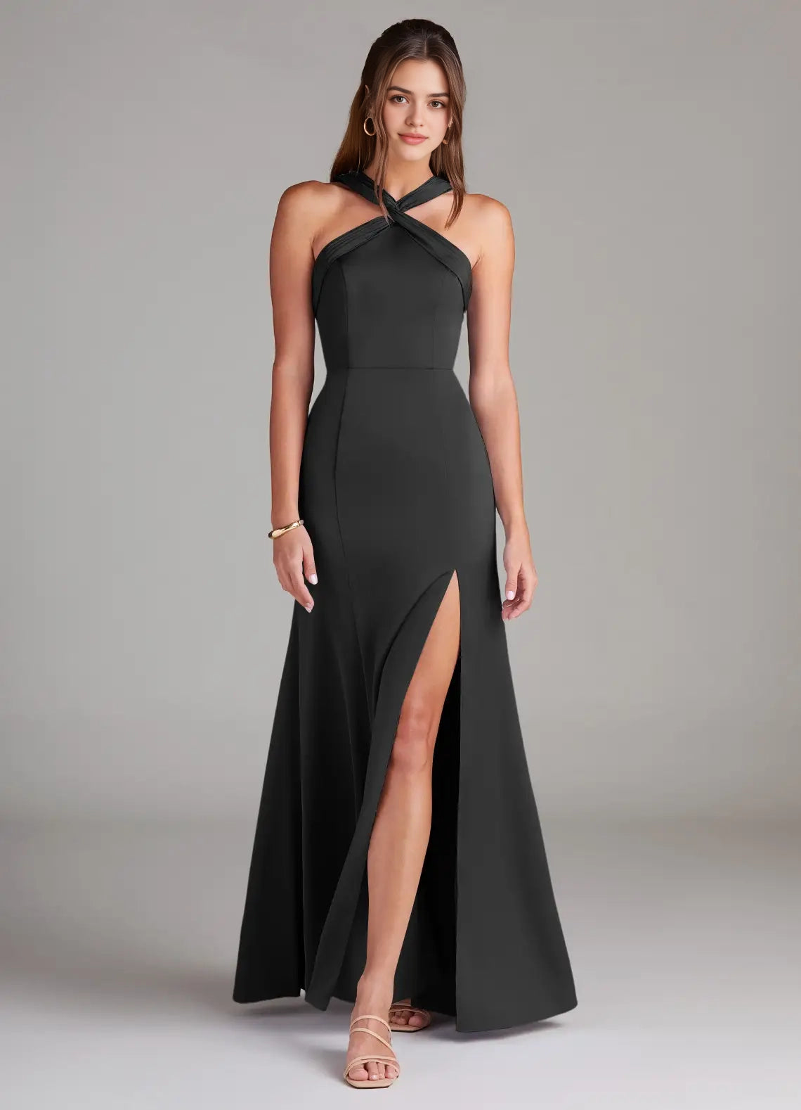 Black Halter Neck Maxi Dress with Back Cutout and Side Slit Black A-Line Pleated Stretch Satin Dress Bridesmaid Dresses