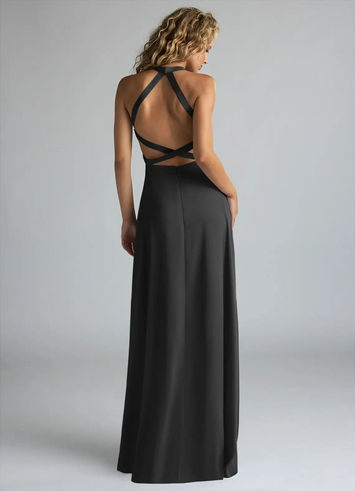 Black Halter Neck Maxi Dress with Crisscross Back and Side Slit A-Line High Stretch Satin Dress Bridesmaid Dresses