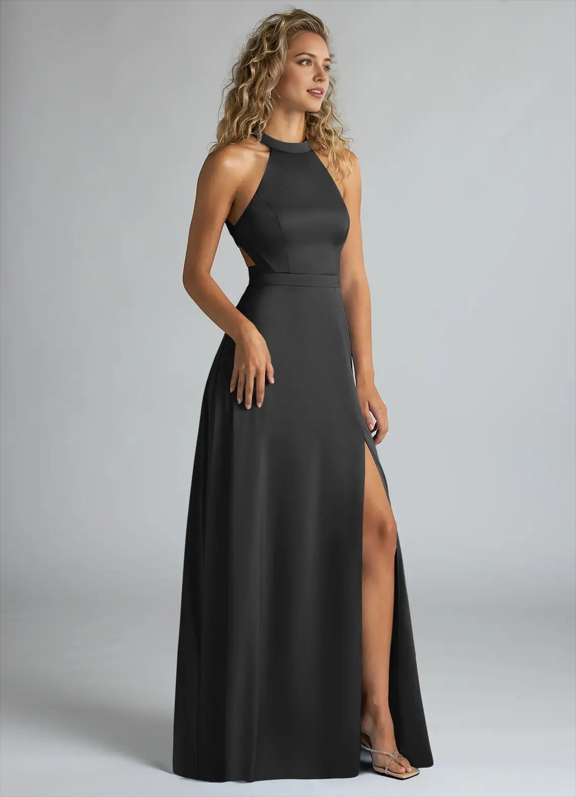 Black Halter Neck Maxi Dress with Crisscross Back and Side Slit A-Line High Stretch Satin Dress Bridesmaid Dresses