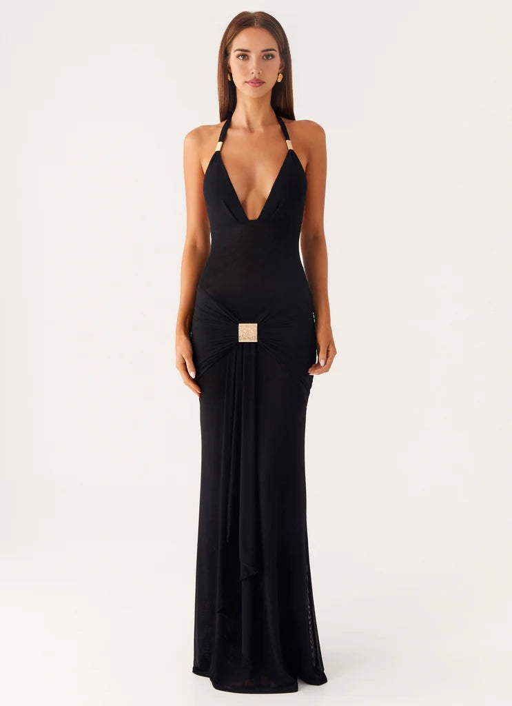 Black Halter Neck Maxi Dress with Gold Accent and Open Back  Halter V-neckline Side ruching Bridesmaid Dresses