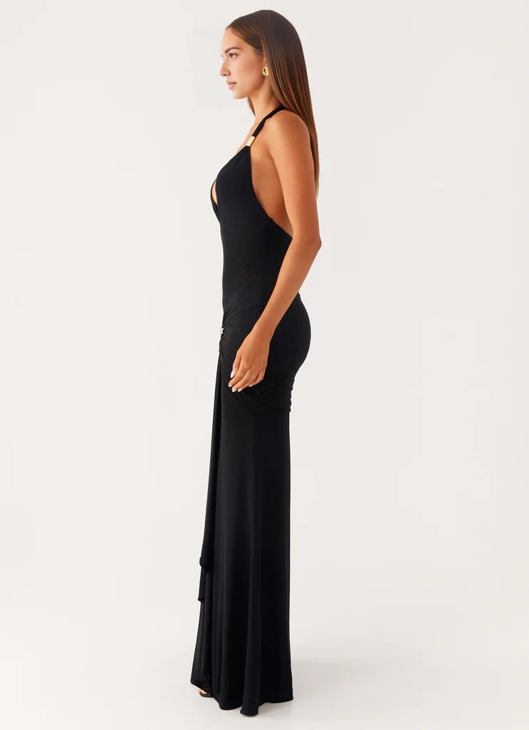 Black Halter Neck Maxi Dress with Gold Accent and Open Back  Halter V-neckline Side ruching Bridesmaid Dresses