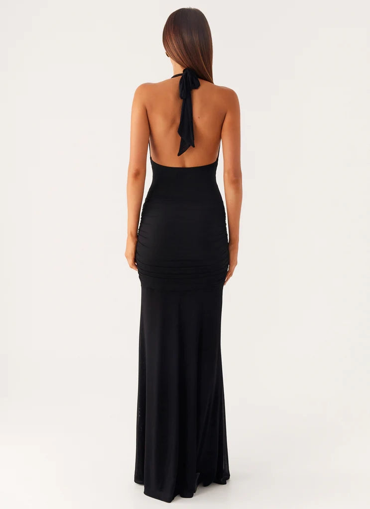 Black Halter Neck Maxi Dress with Gold Accent and Open Back  Halter V-neckline Side ruching Bridesmaid Dresses