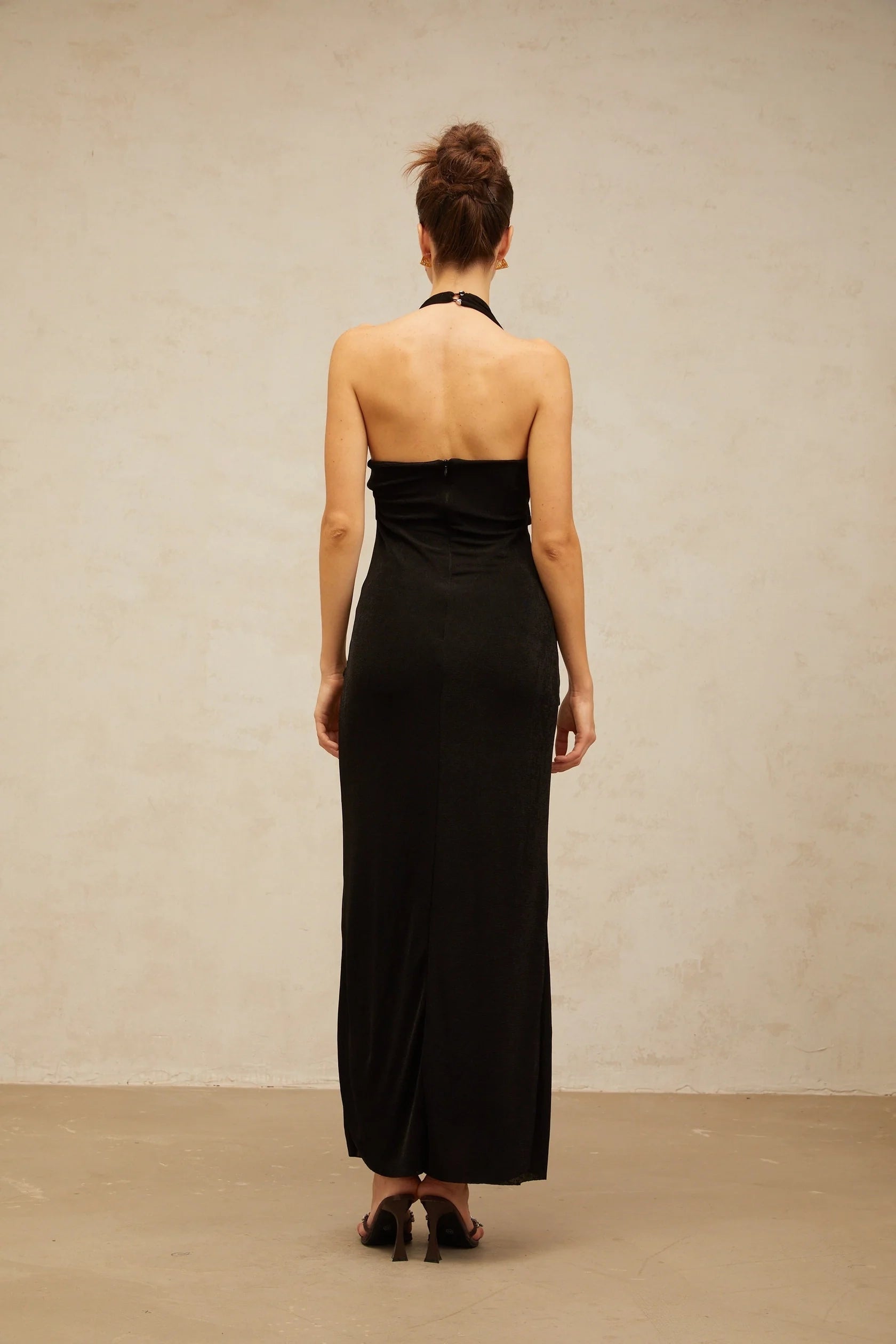 Black Halter Neck Maxi Dress with Gold Embellishments black ruched halterneck maxi dress Evening Dress