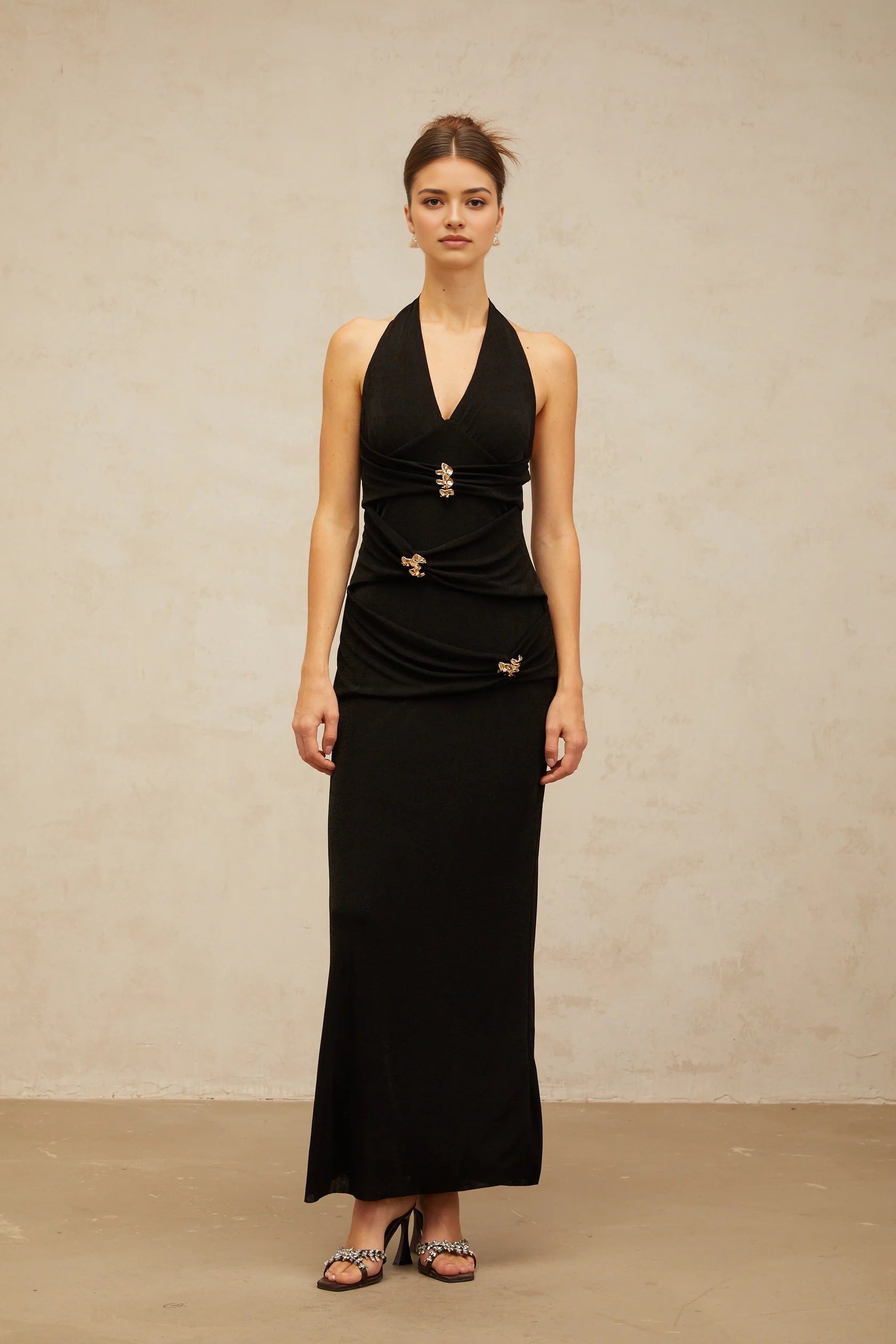 Black Halter Neck Maxi Dress with Gold Embellishments black ruched halterneck maxi dress Evening Dress