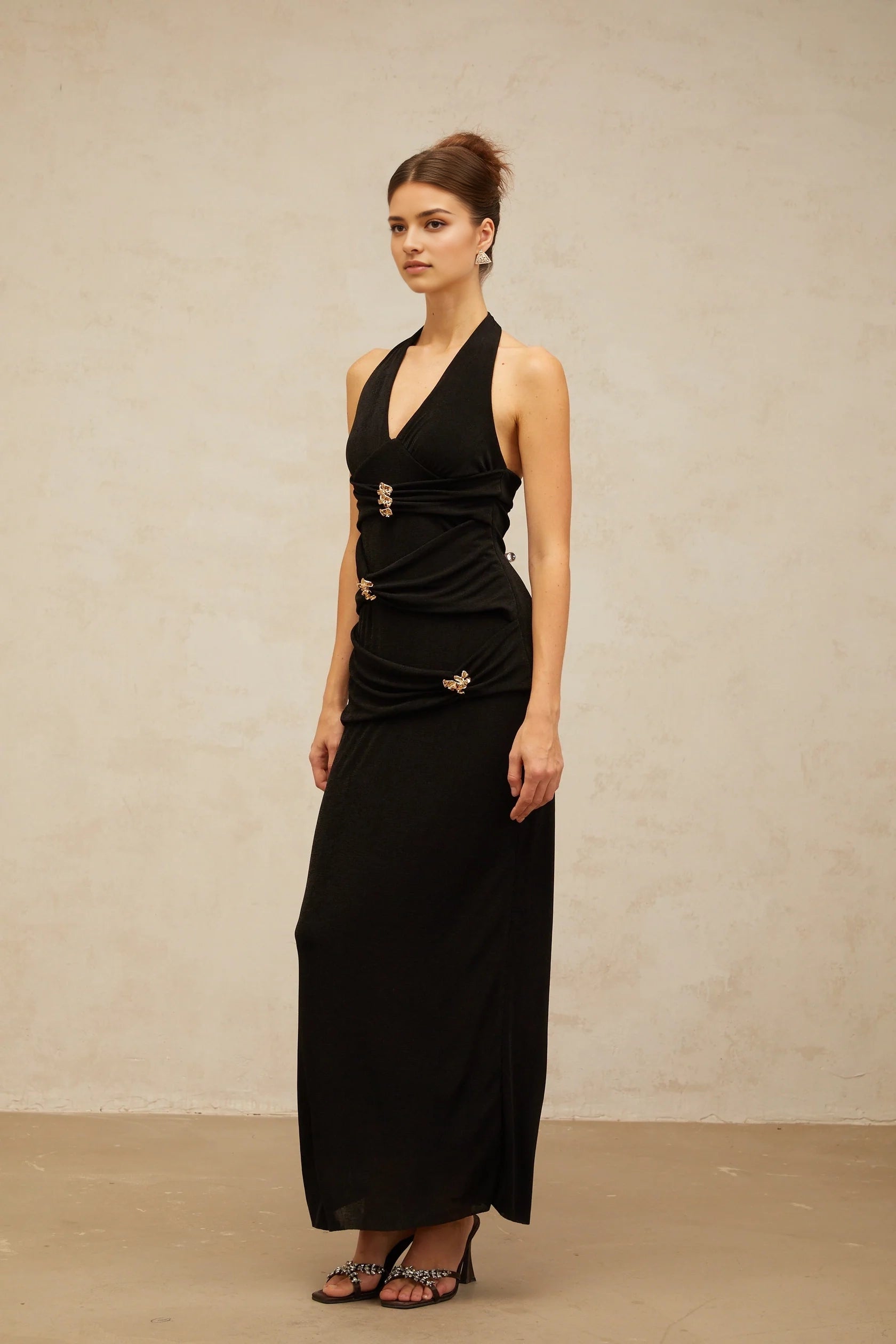 Black Halter Neck Maxi Dress with Gold Embellishments black ruched halterneck maxi dress Evening Dress