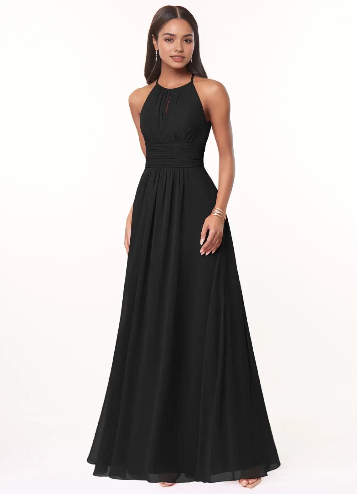 Black Halter Neck Maxi Dress with Ruched Waist  A-Line Keyhole Ruched Chiffon Dress Bridesmaid Dresses