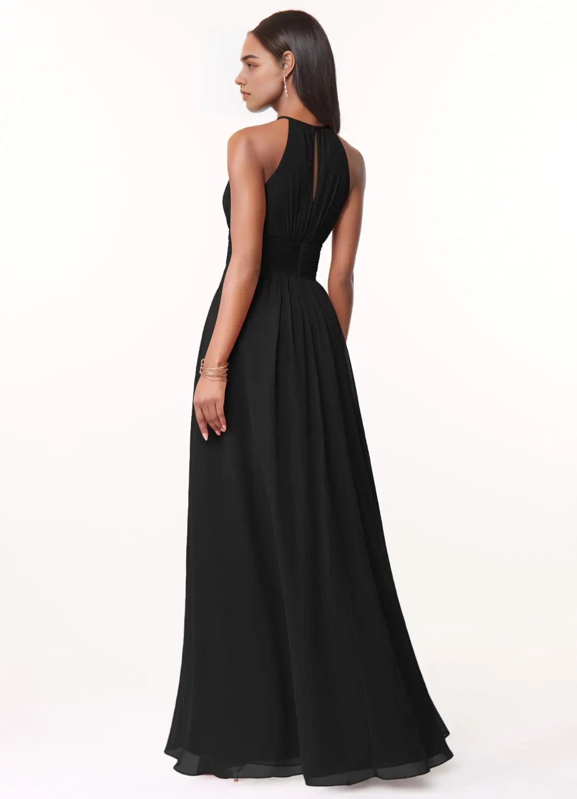 Black Halter Neck Maxi Dress with Ruched Waist  A-Line Keyhole Ruched Chiffon Dress Bridesmaid Dresses