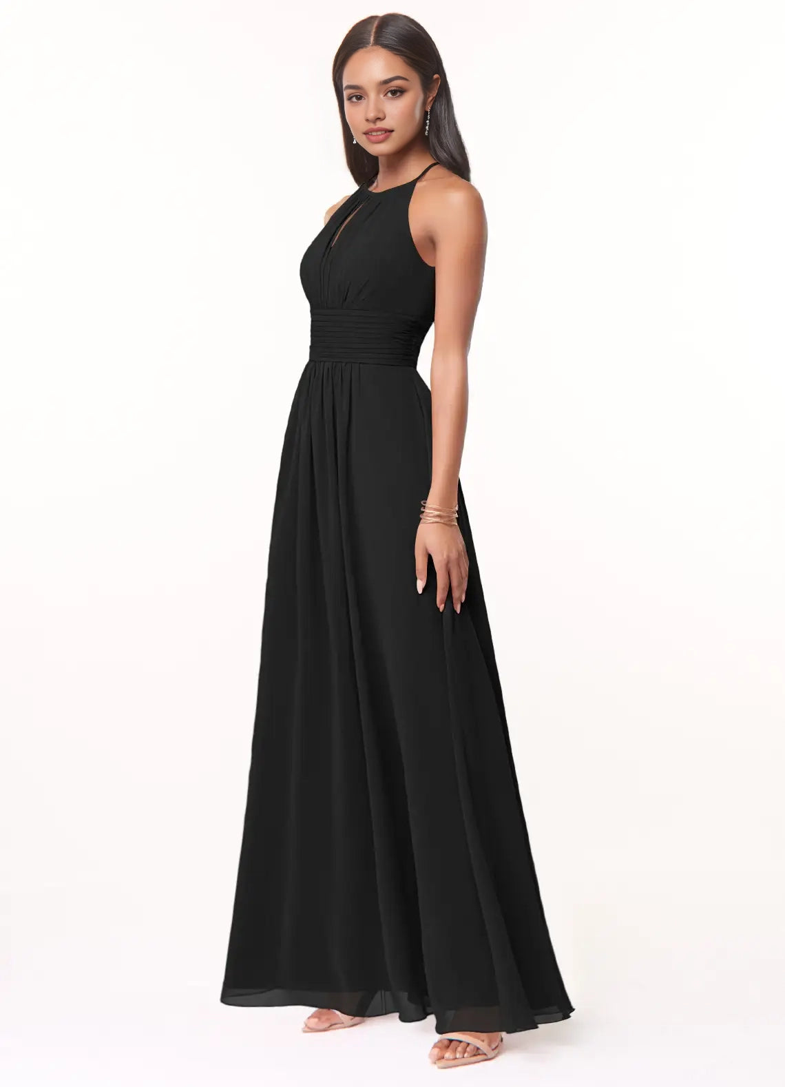Black Halter Neck Maxi Dress with Ruched Waist  A-Line Keyhole Ruched Chiffon Dress Bridesmaid Dresses