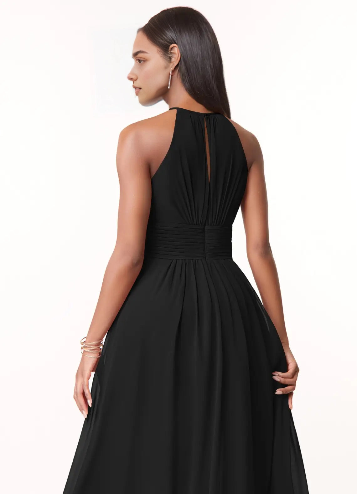 Black Halter Neck Maxi Dress with Ruched Waist  A-Line Keyhole Ruched Chiffon Dress Bridesmaid Dresses