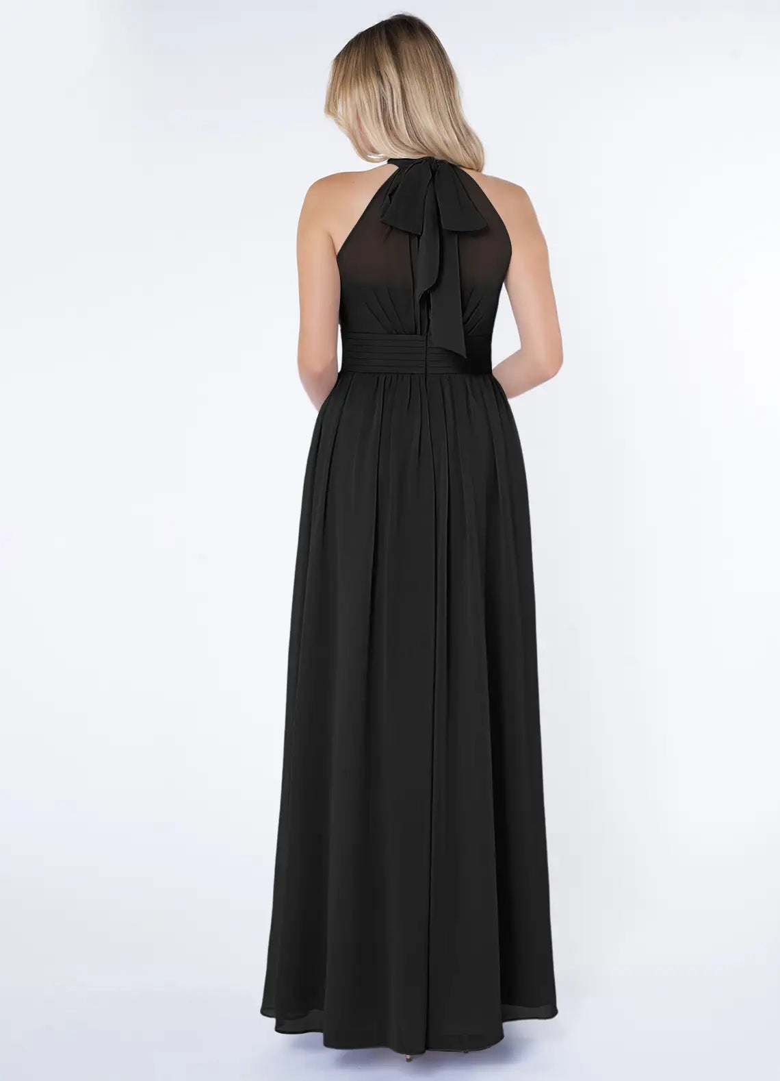 Black Halter Neck Maxi Dress with Side Slit and Bow Back Black A-Line A-Line Ruched Chiffon Dress Bridesmaid Dresses
