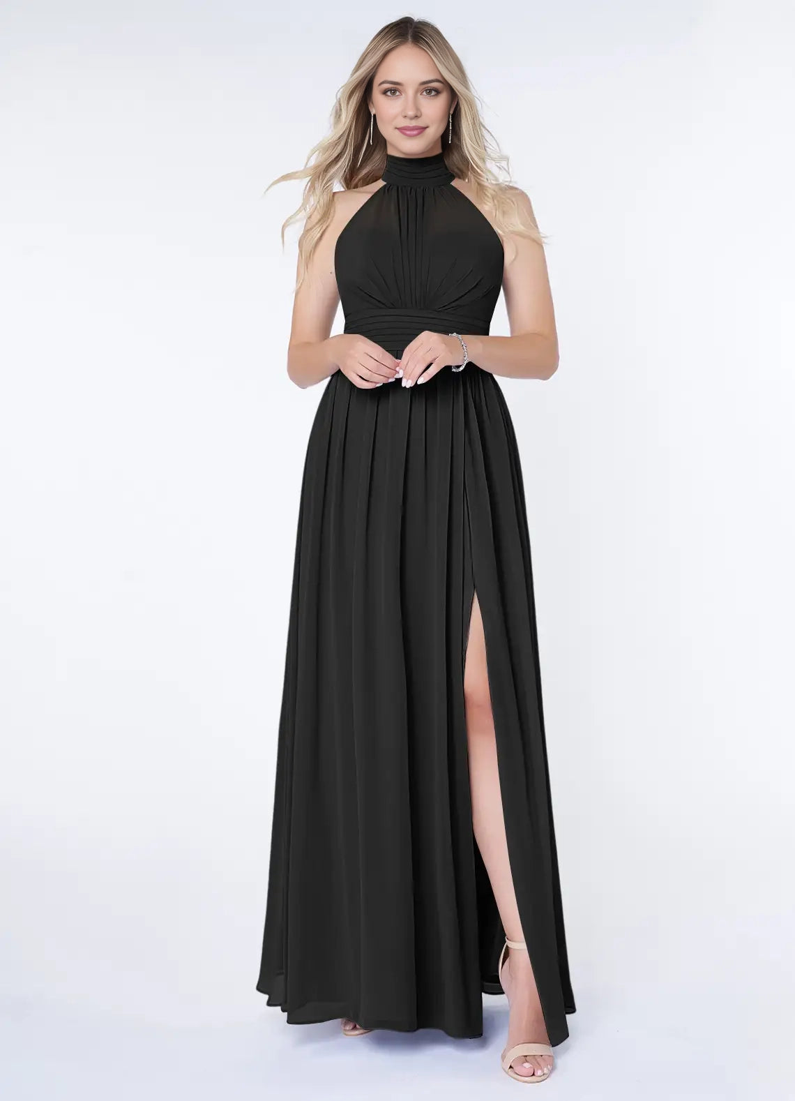 Black Halter Neck Maxi Dress with Side Slit and Bow Back Black A-Line A-Line Ruched Chiffon Dress Bridesmaid Dresses
