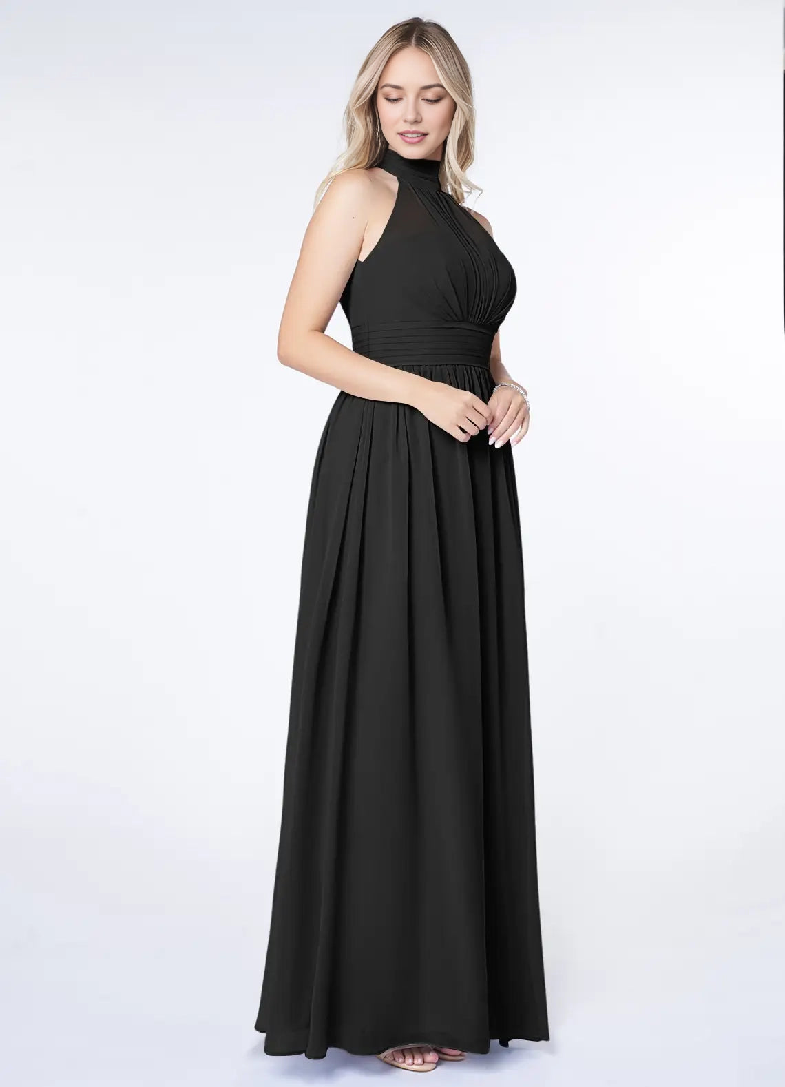 Black Halter Neck Maxi Dress with Side Slit and Bow Back Black A-Line A-Line Ruched Chiffon Dress Bridesmaid Dresses